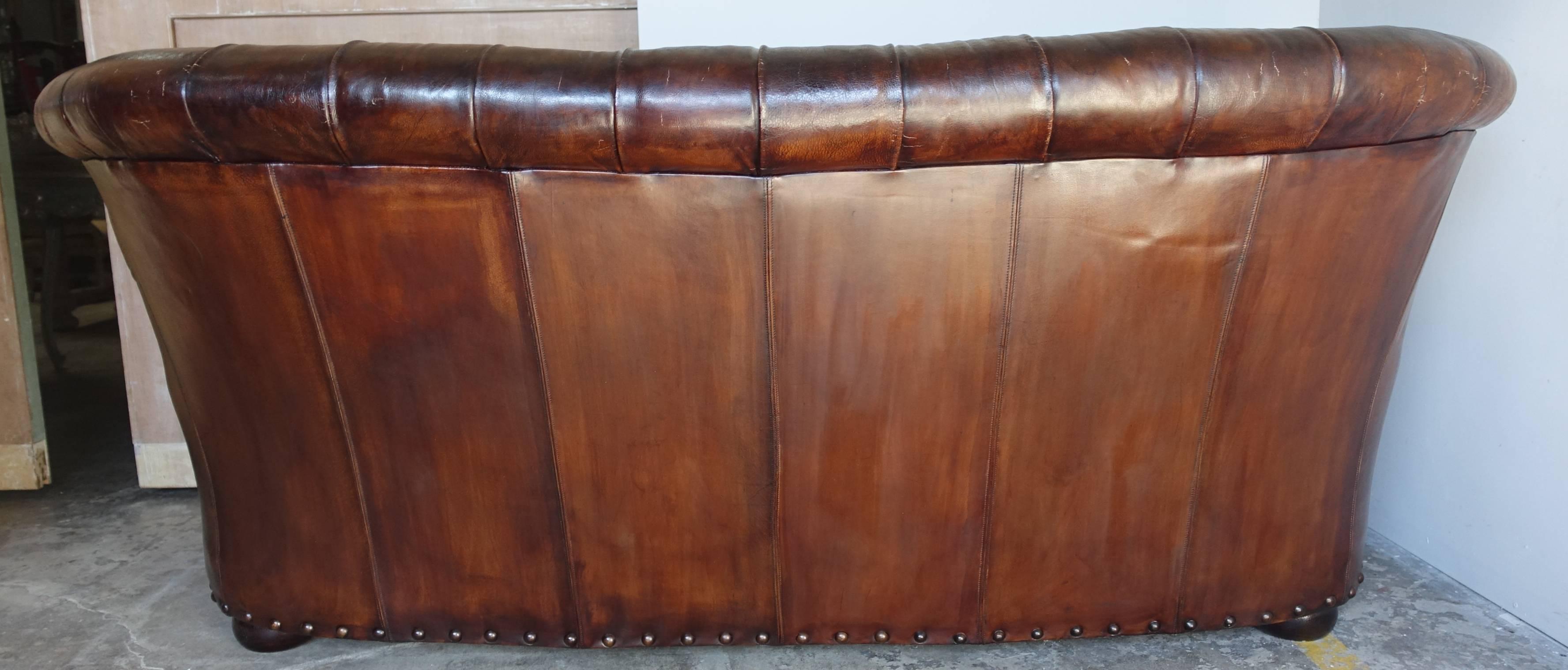 English Leather Tufted Sofa, circa 1930s In Distressed Condition In Los Angeles, CA
