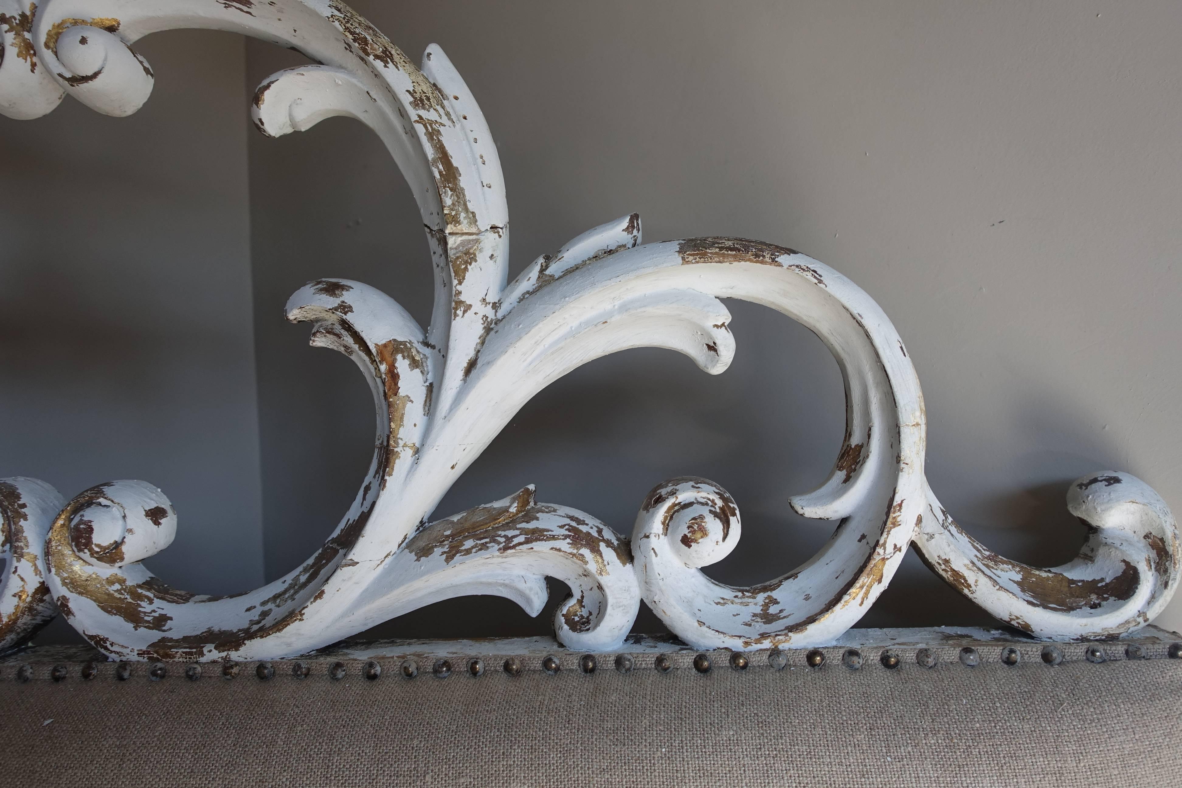 Linen Italian Carved Painted Headboard with Scrolls