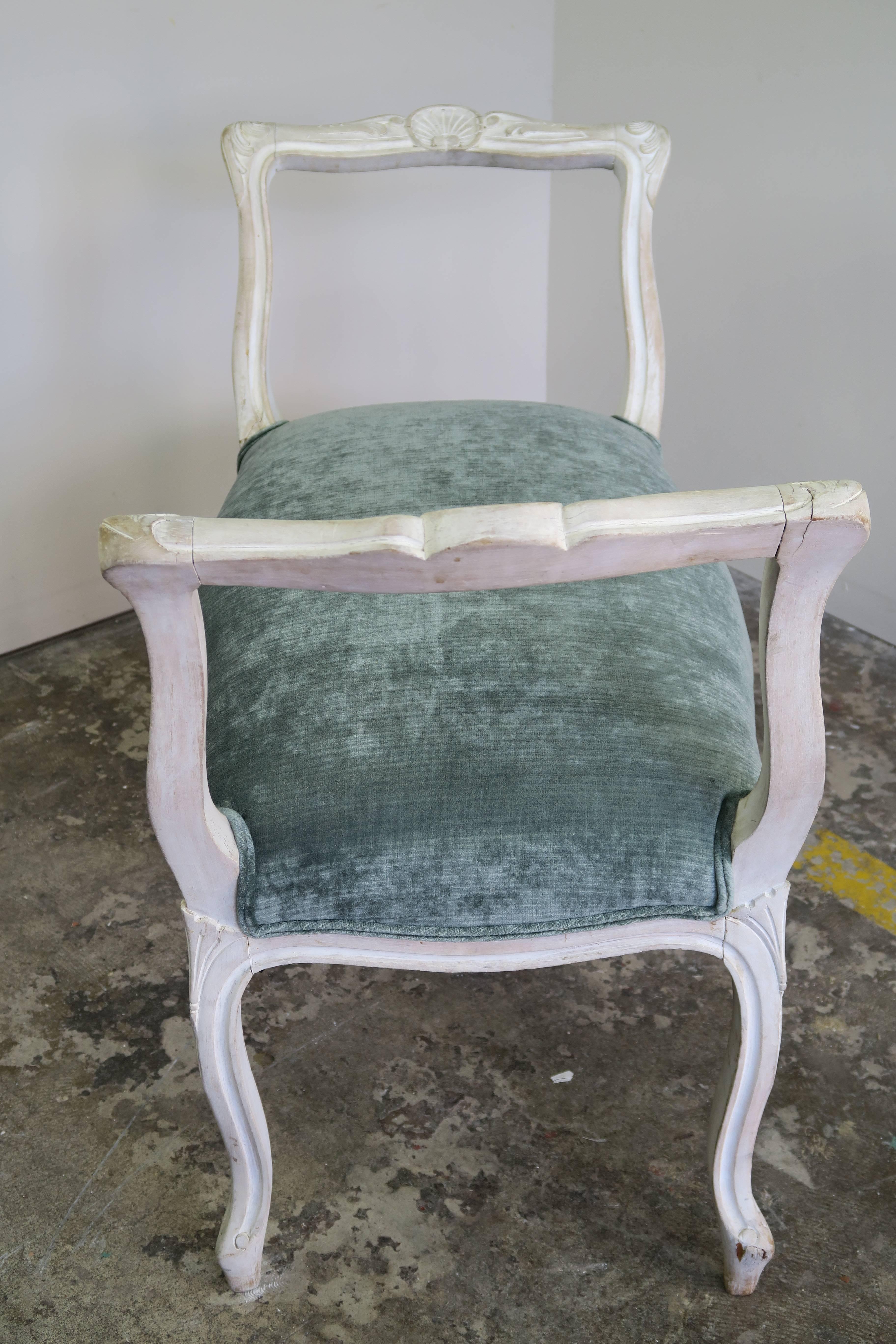 French Provincial Pair of French Painted Benches with Aqua Velvet Upholstery