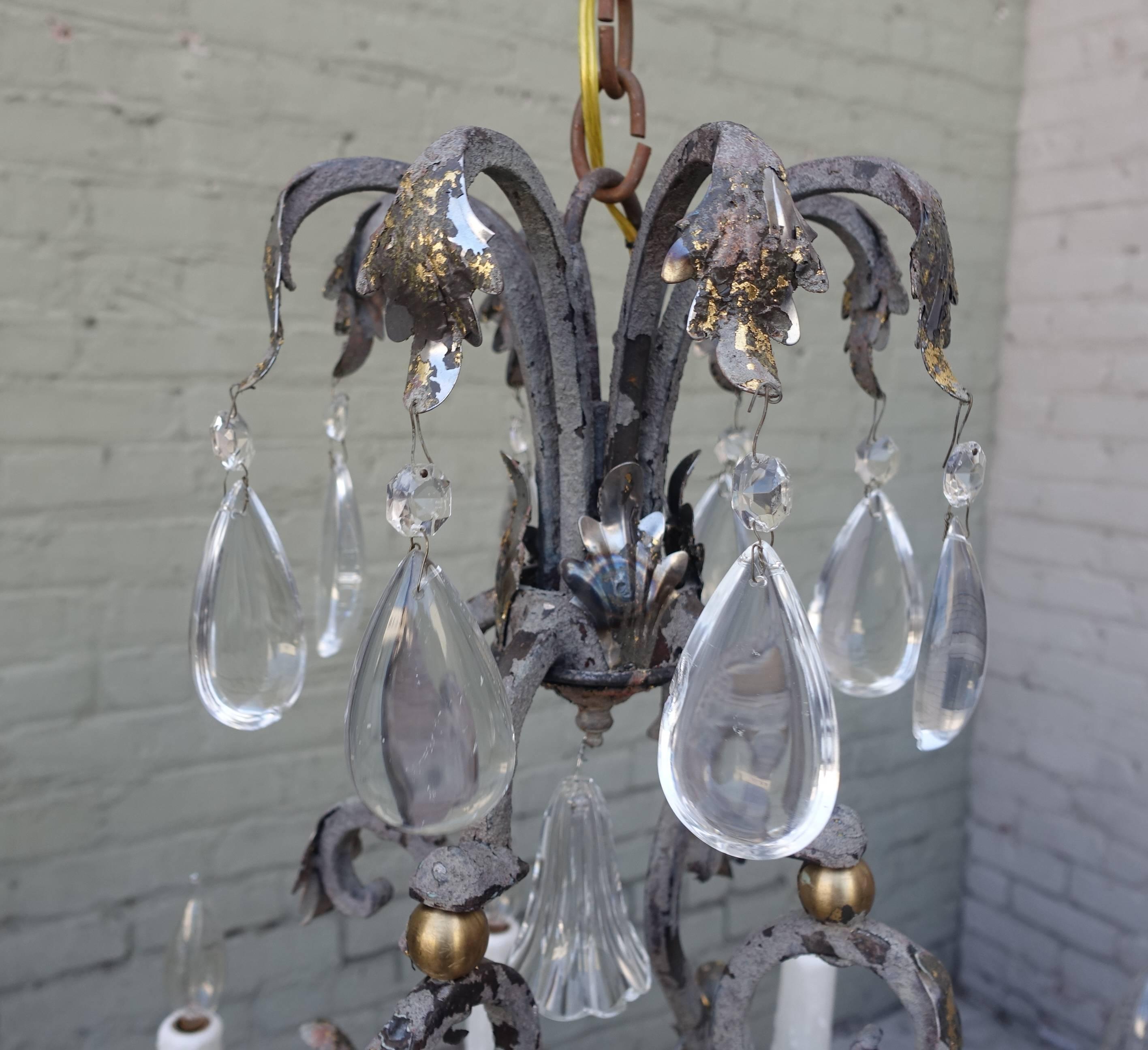 French Painted Iron Chandelier with Crystal Drops In Distressed Condition In Los Angeles, CA