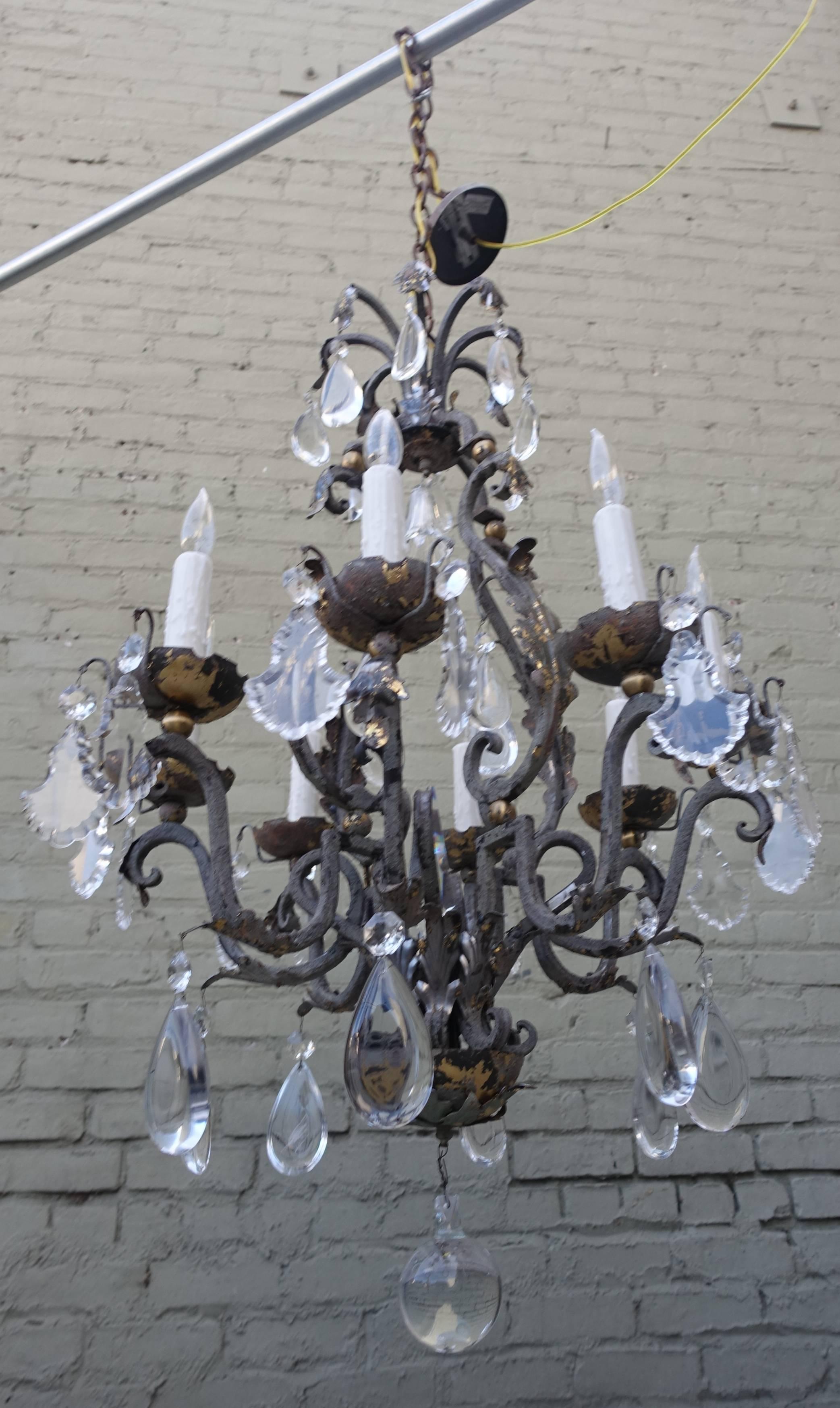 Louis XV French Painted Iron Chandelier with Crystal Drops