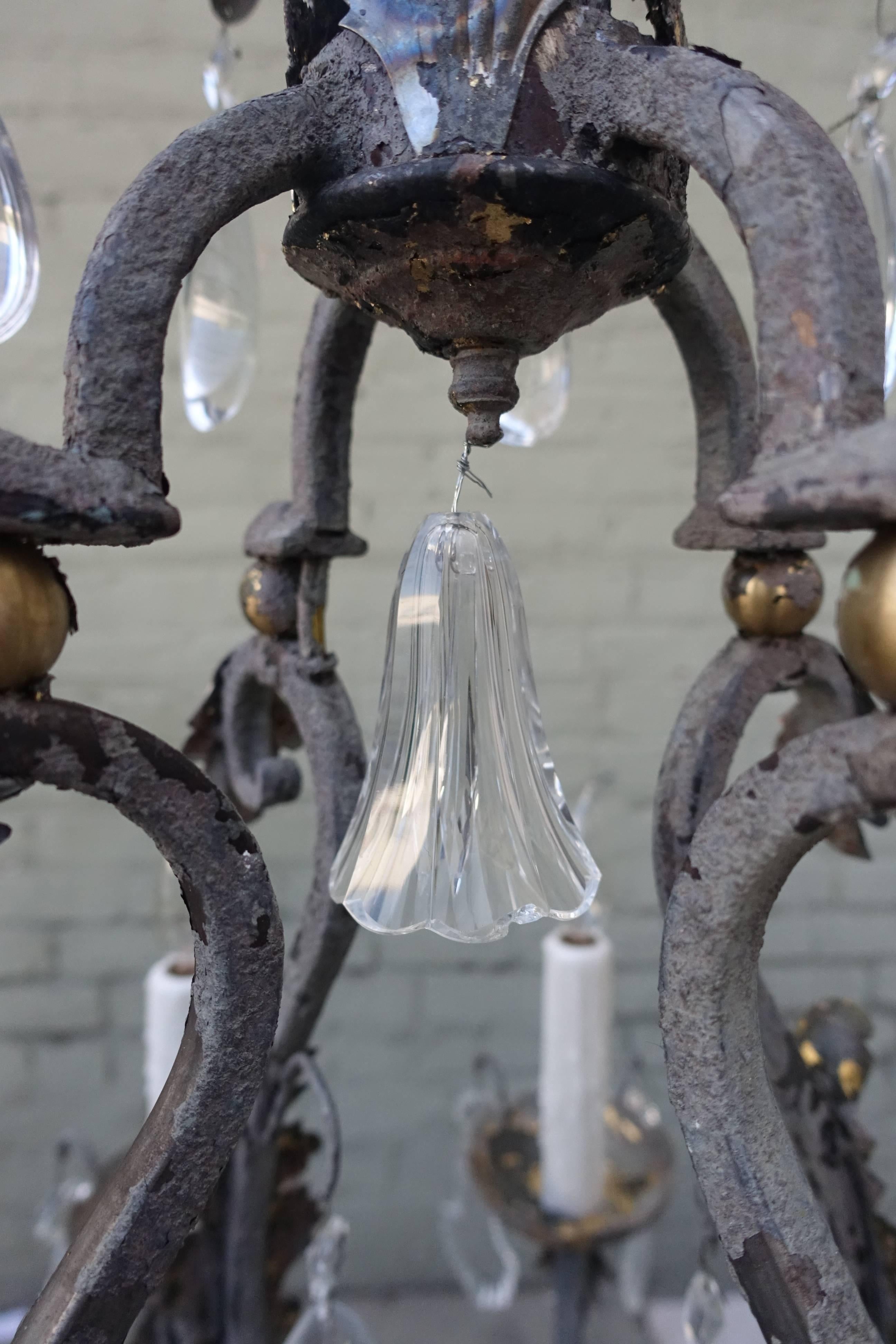 20th Century French Painted Iron Chandelier with Crystal Drops