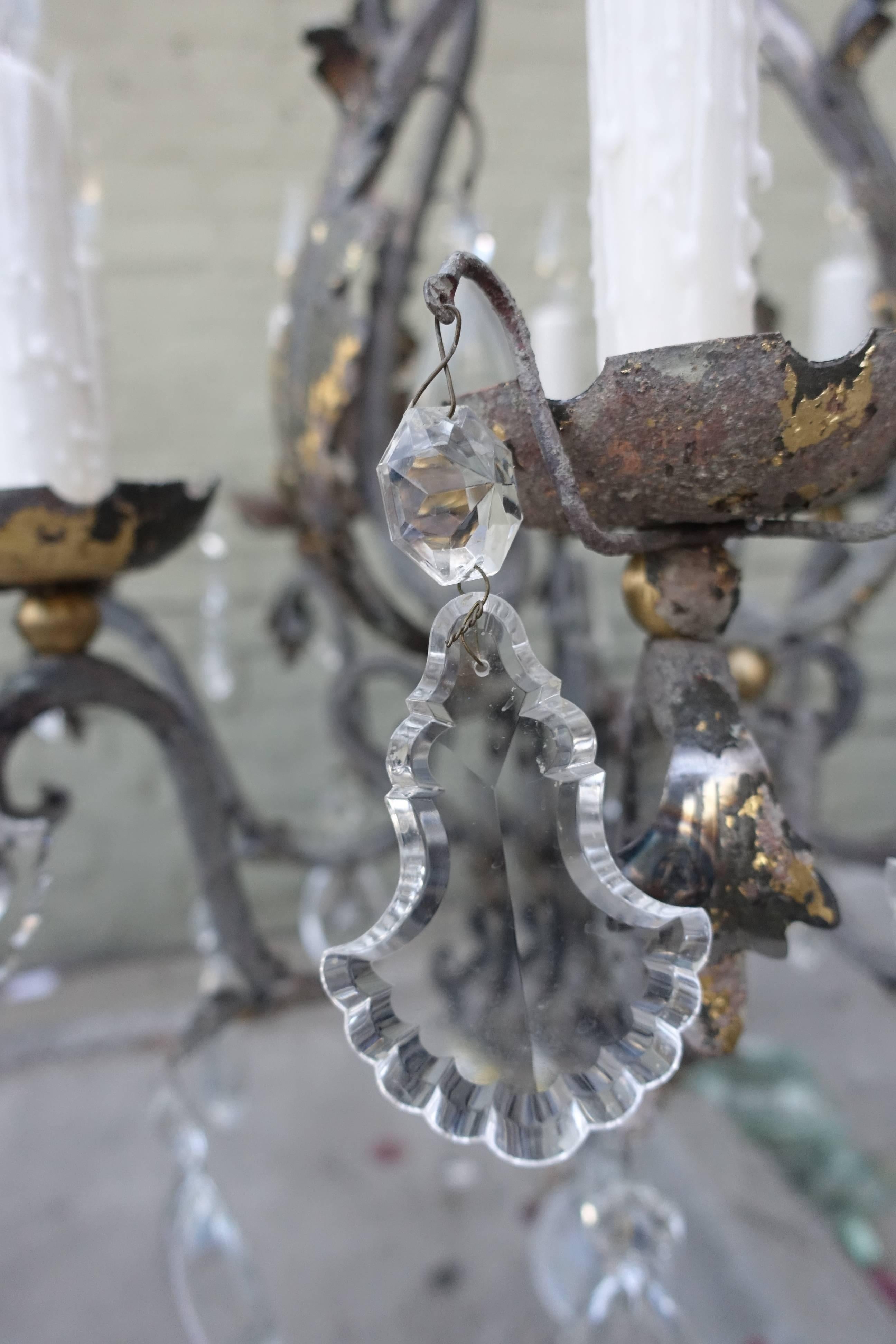 Wrought Iron French Painted Iron Chandelier with Crystal Drops