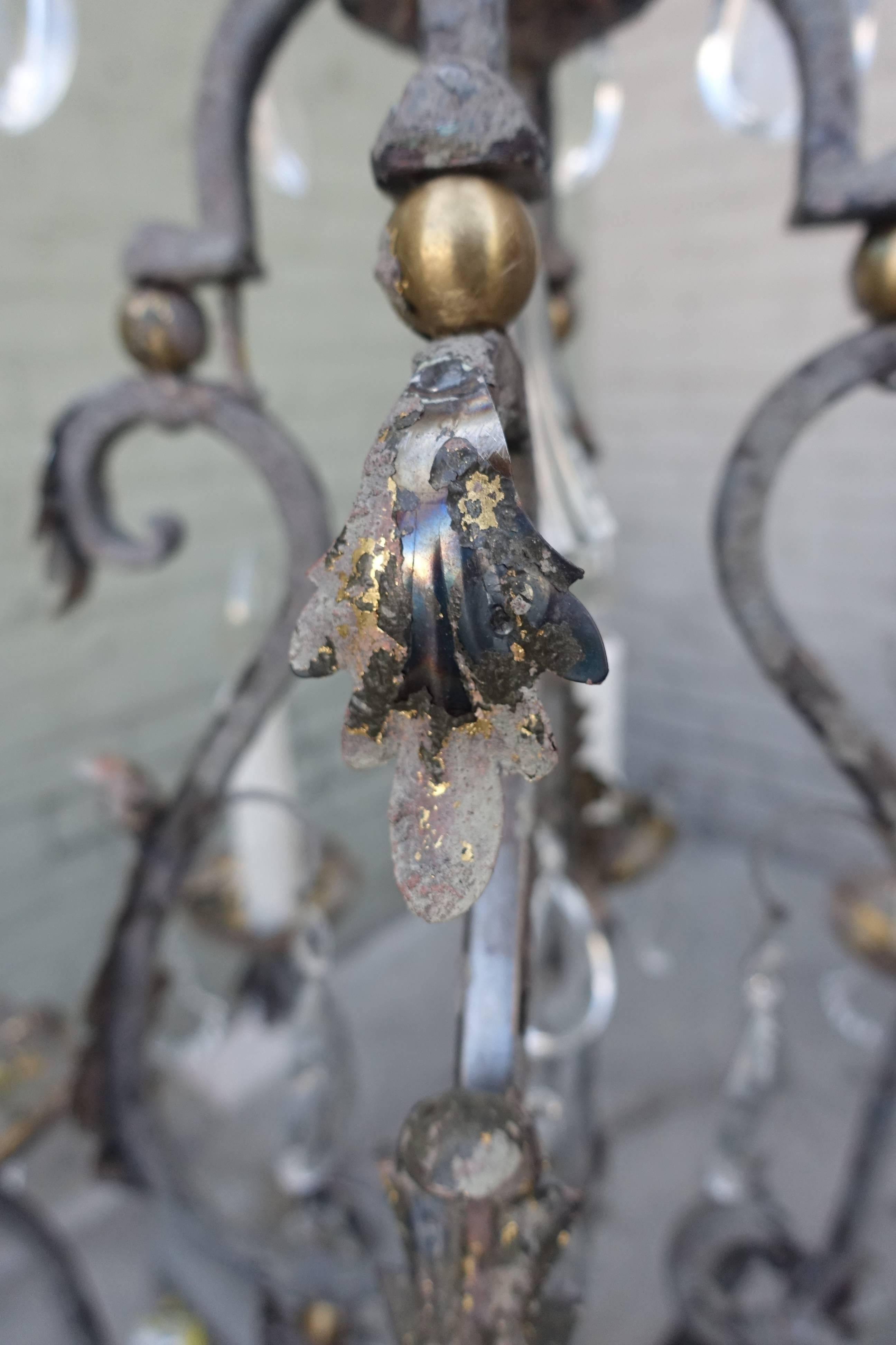 French Painted Iron Chandelier with Crystal Drops 2