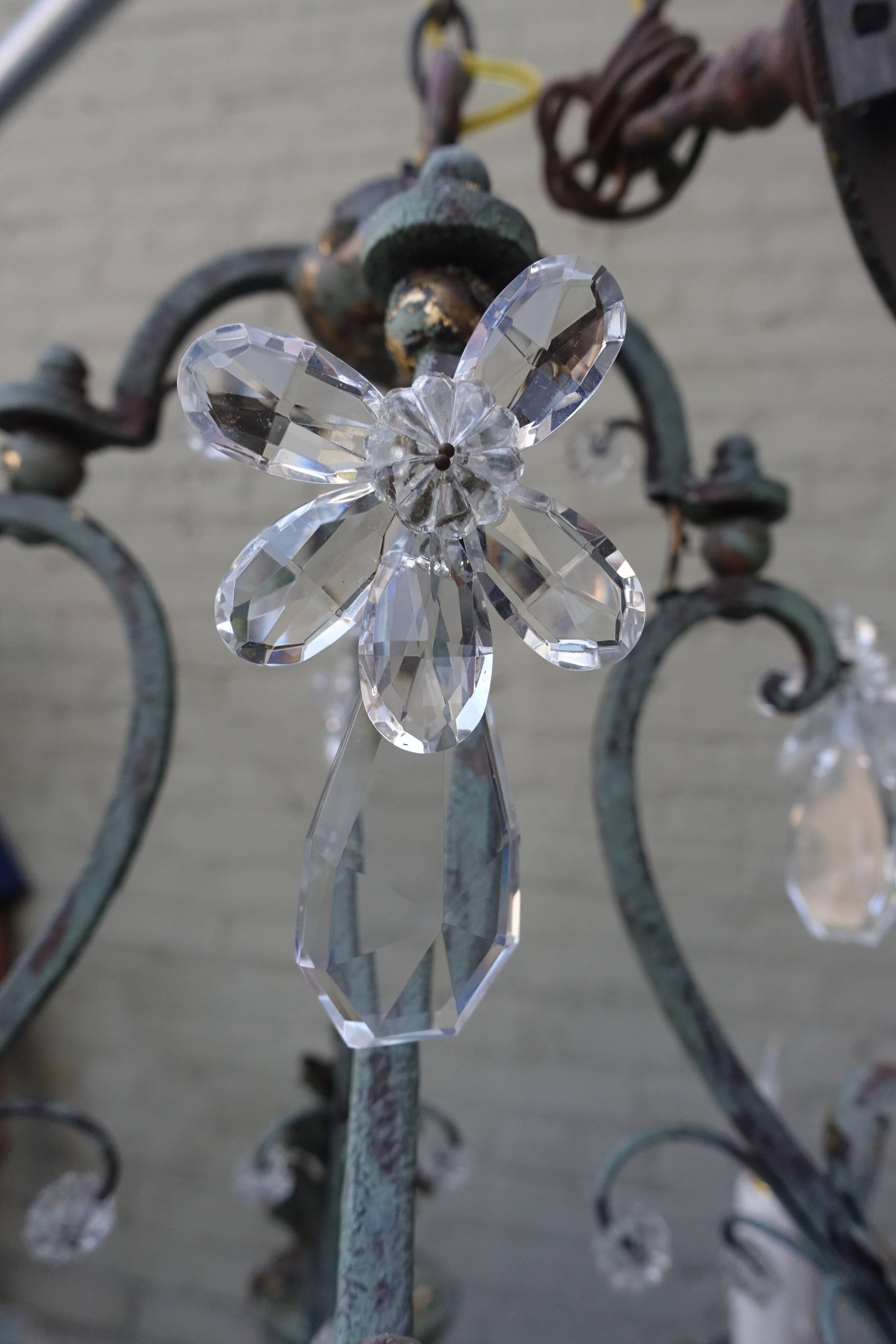 Painted Wrought Iron Crystal Chandelier In Distressed Condition In Los Angeles, CA