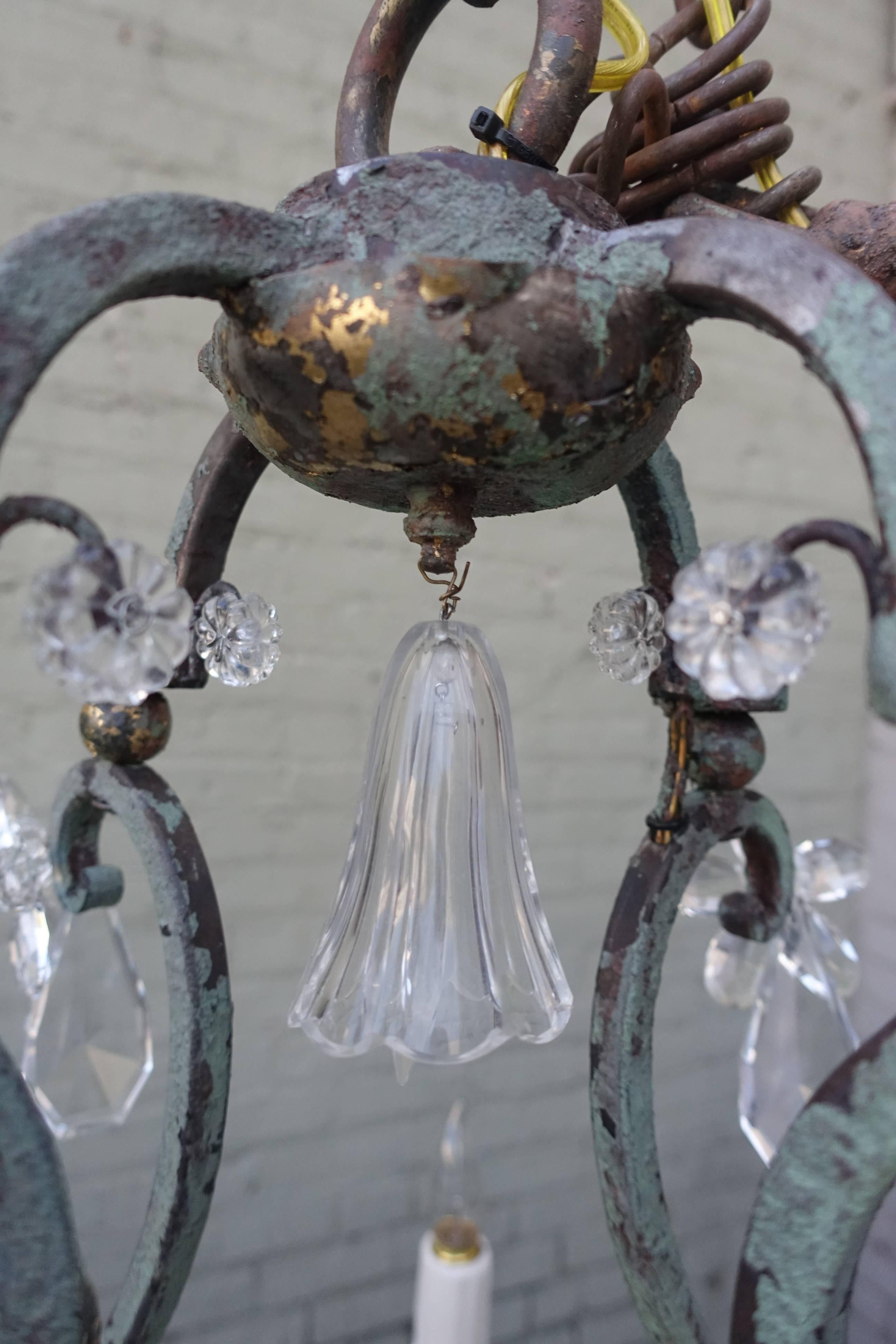 20th Century Painted Wrought Iron Crystal Chandelier