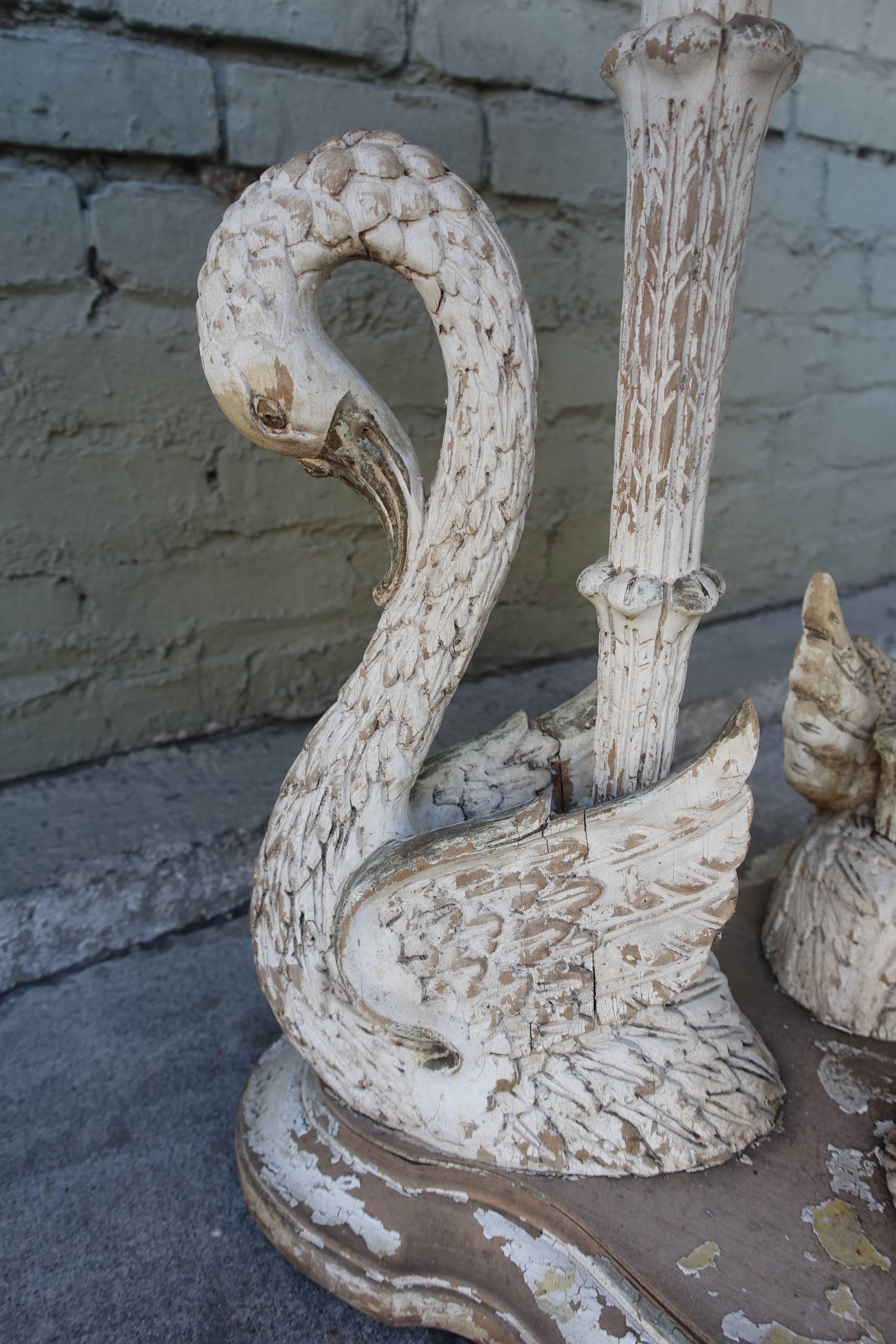 French Pair of Painted Swan Tables with Marble Tops