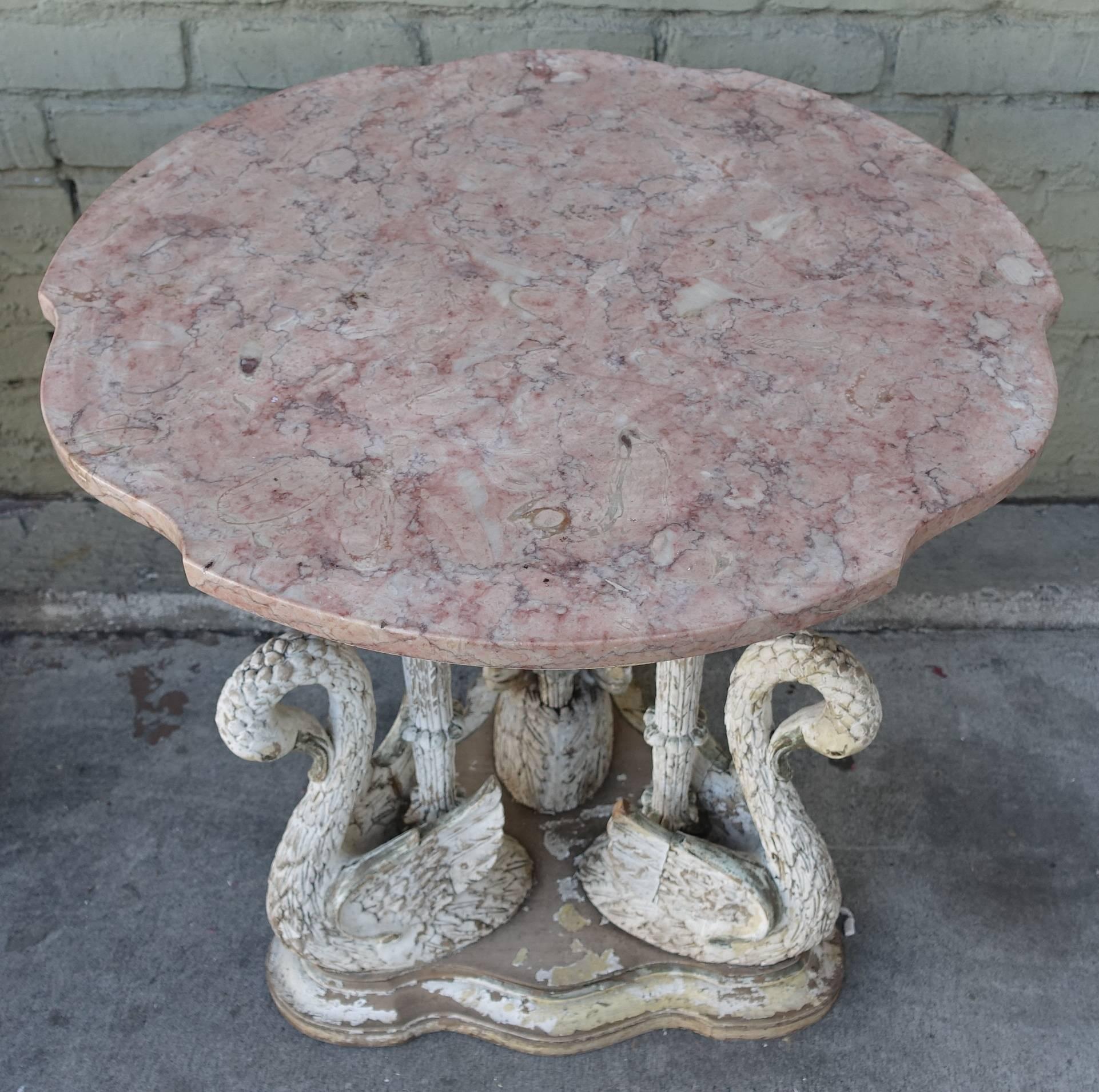 Pair of Painted Swan Tables with Marble Tops In Distressed Condition In Los Angeles, CA