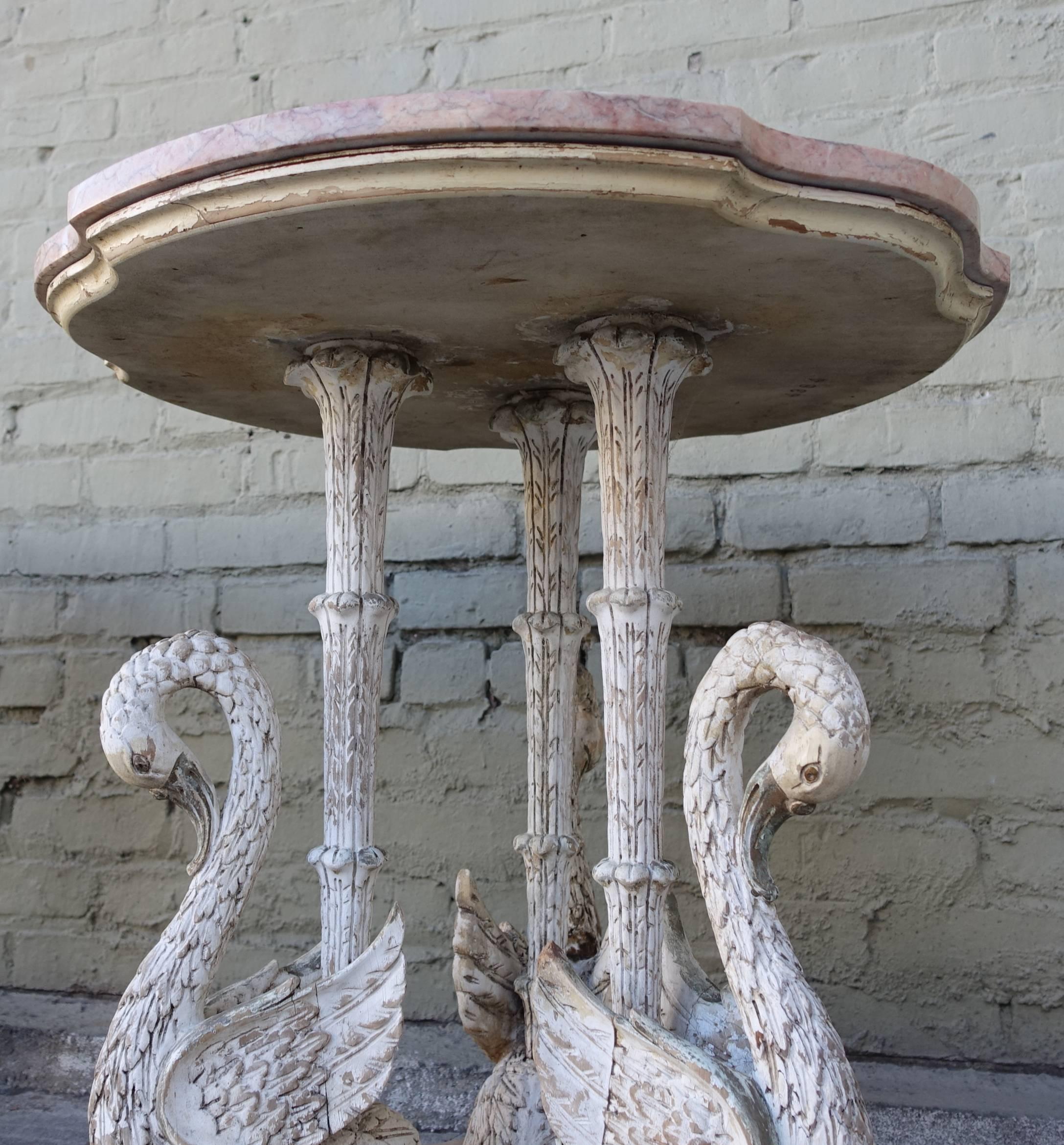 Early 20th Century Pair of Painted Swan Tables with Marble Tops
