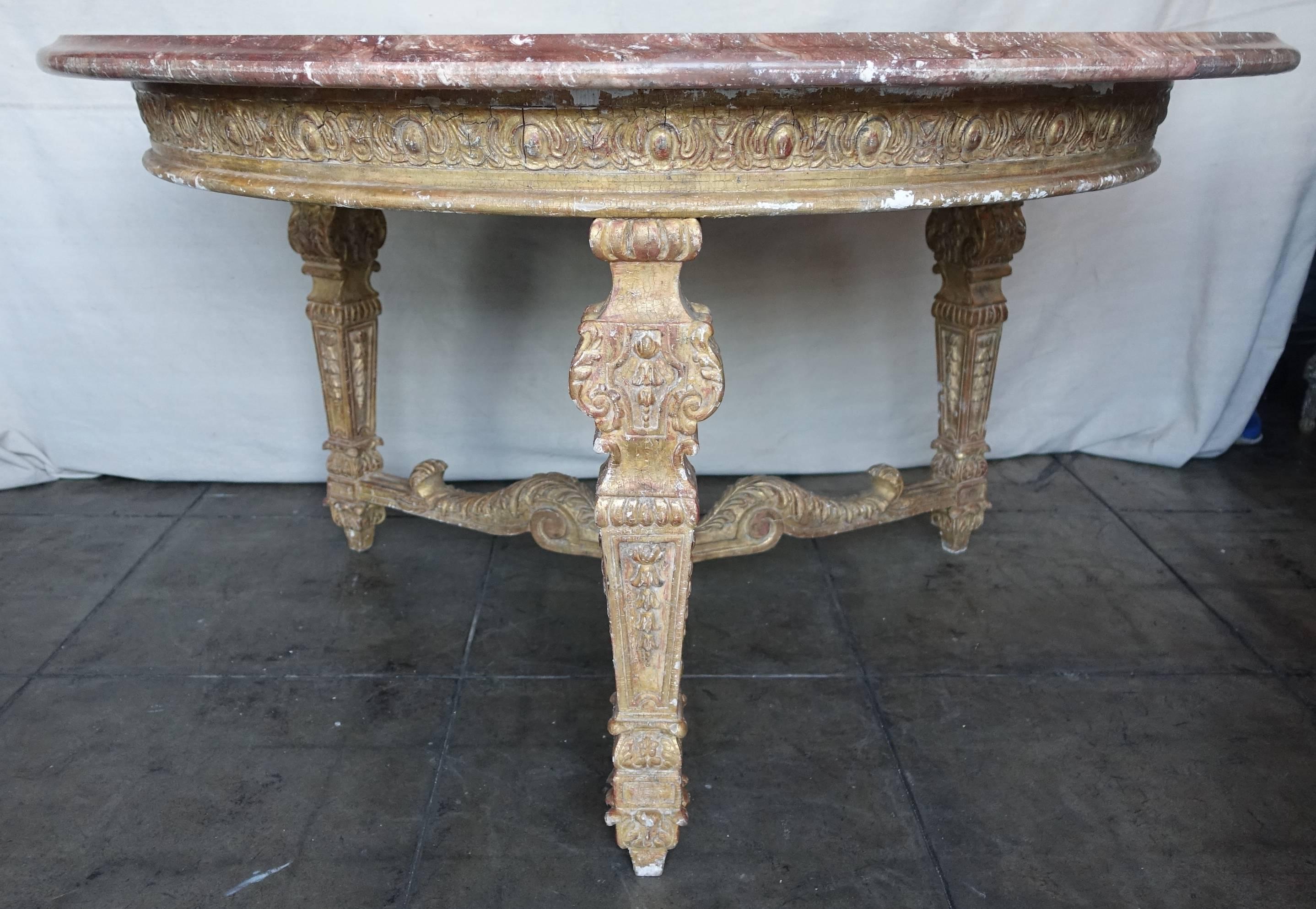 Neoclassical Italian 22-Karat Giltwood Marble Center Table