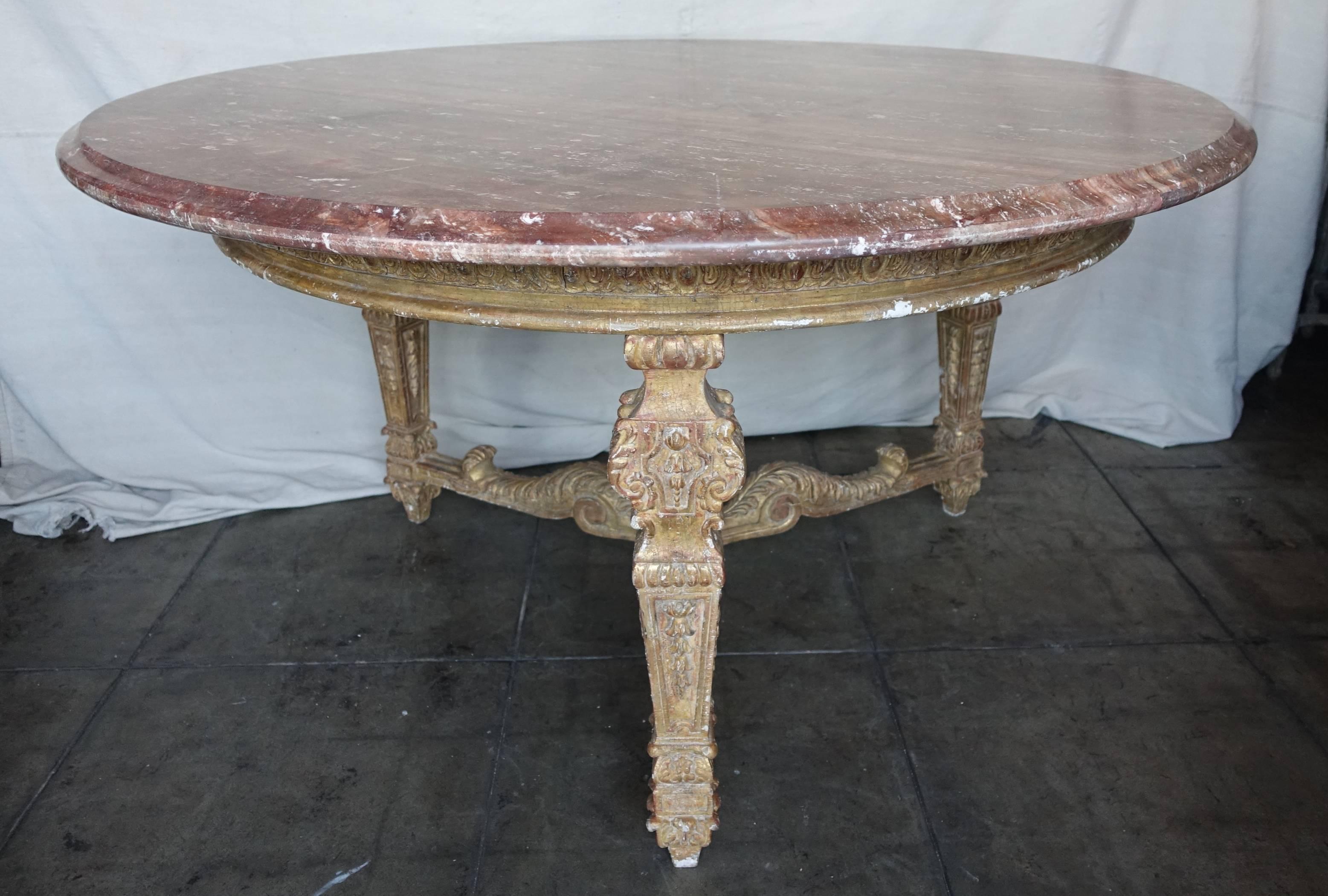 Italian 22-Karat Giltwood Marble Center Table In Distressed Condition In Los Angeles, CA