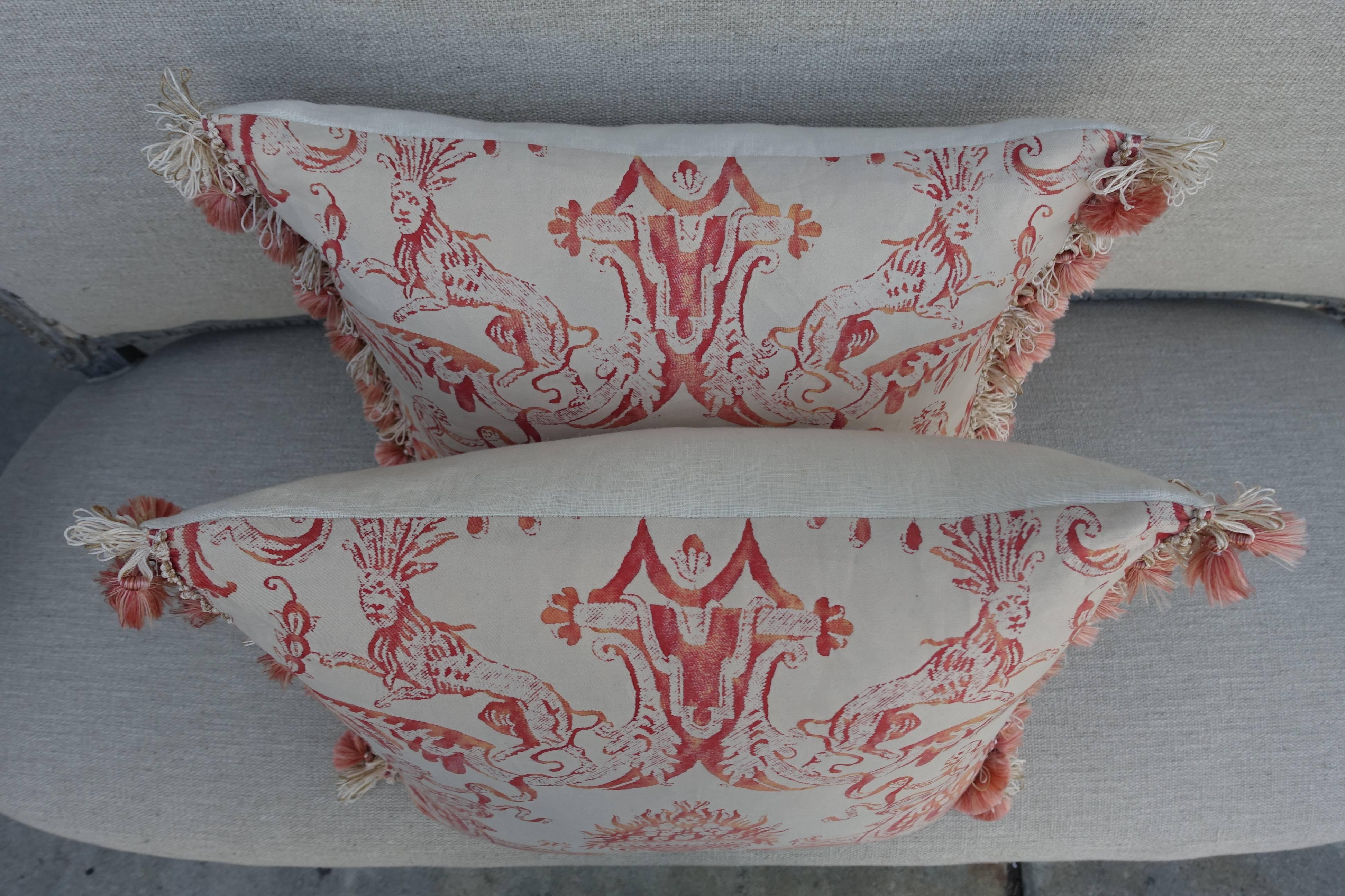 Pair of Custom Fortuny Textile Pillows with Fringe In Excellent Condition In Los Angeles, CA