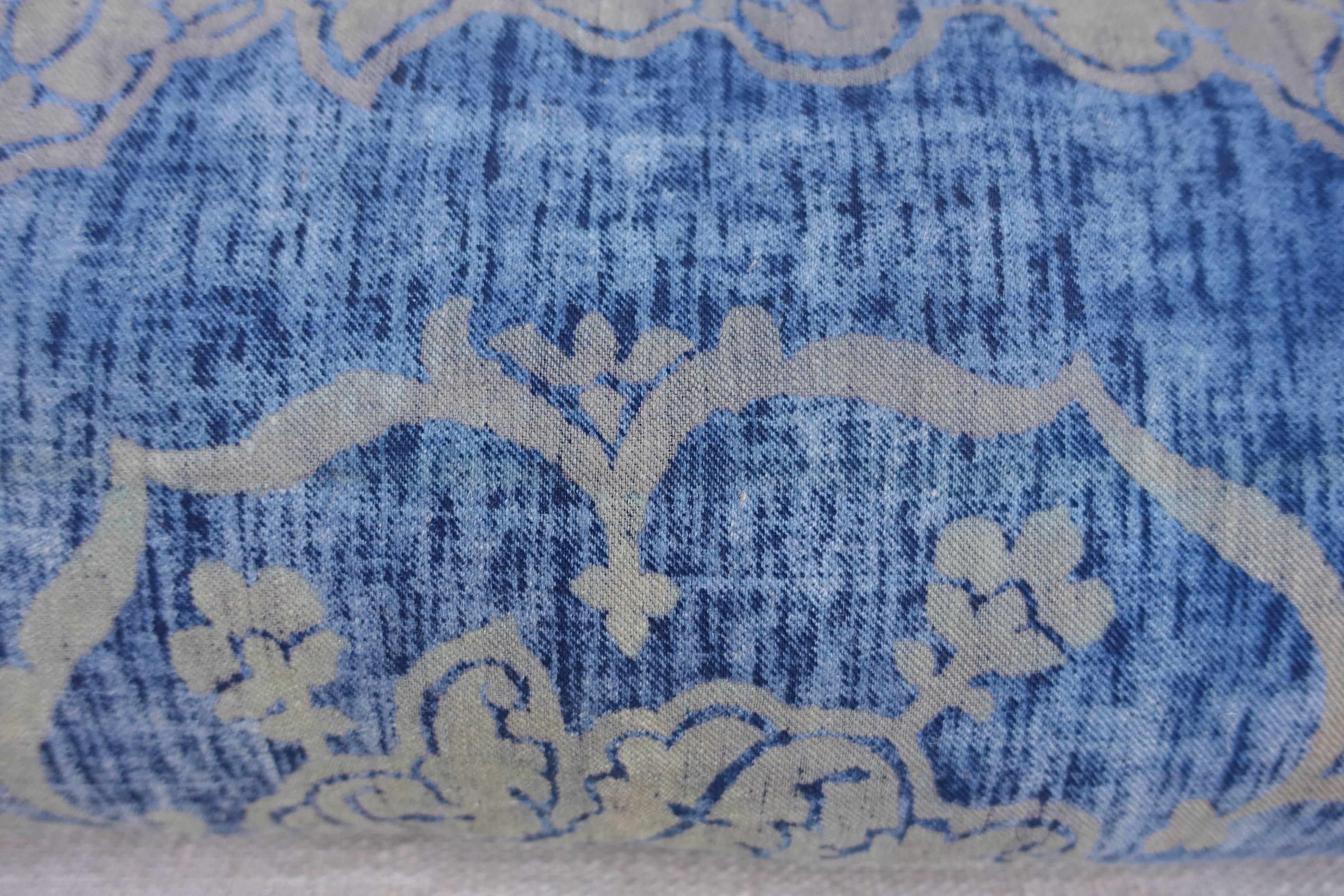 A rare pillow made from a printed cotton Fotuny remnant in the most beautiful shades of blue. Velvet back. Down insert.