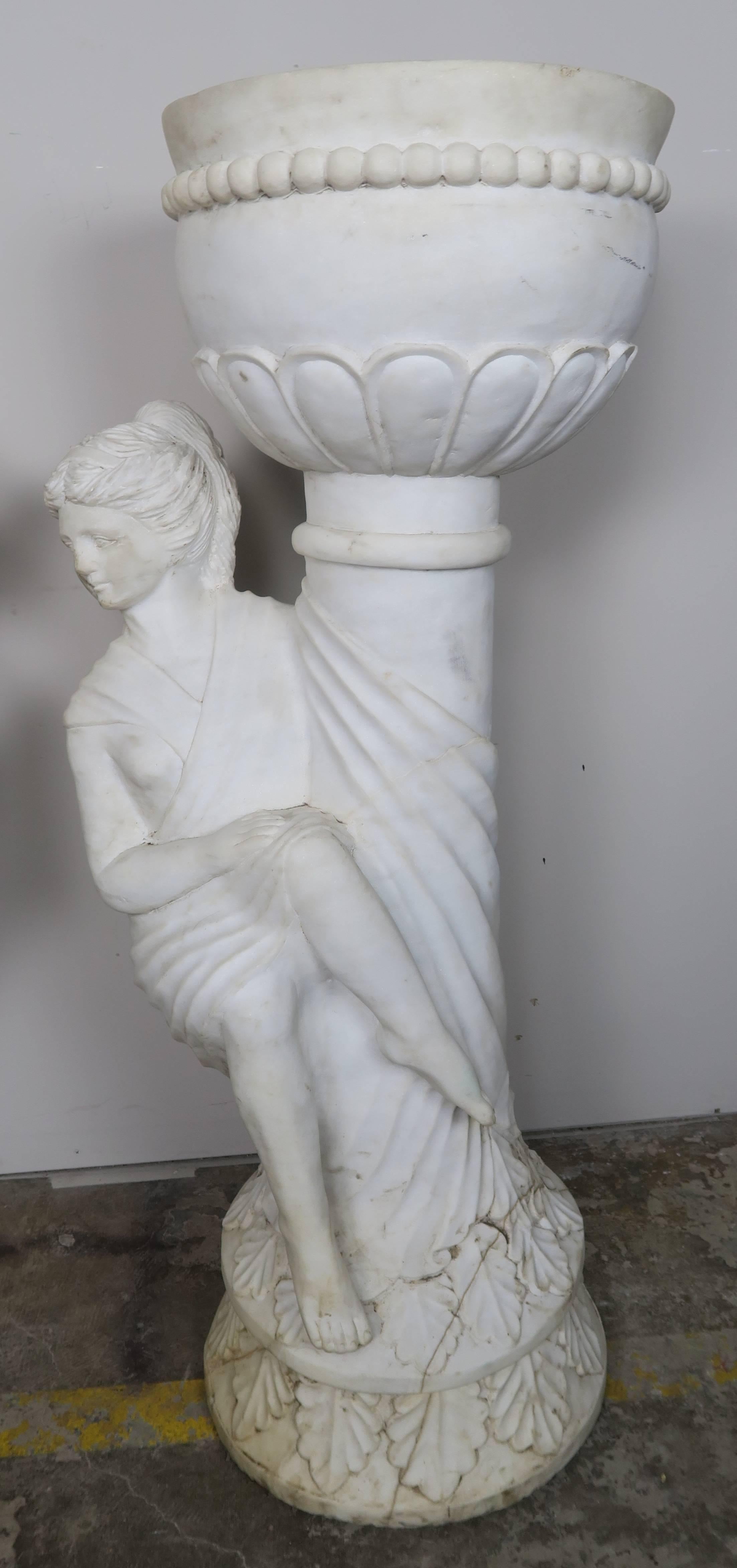 Classical Roman Pair of Italian Carrera Marble Figural Planters