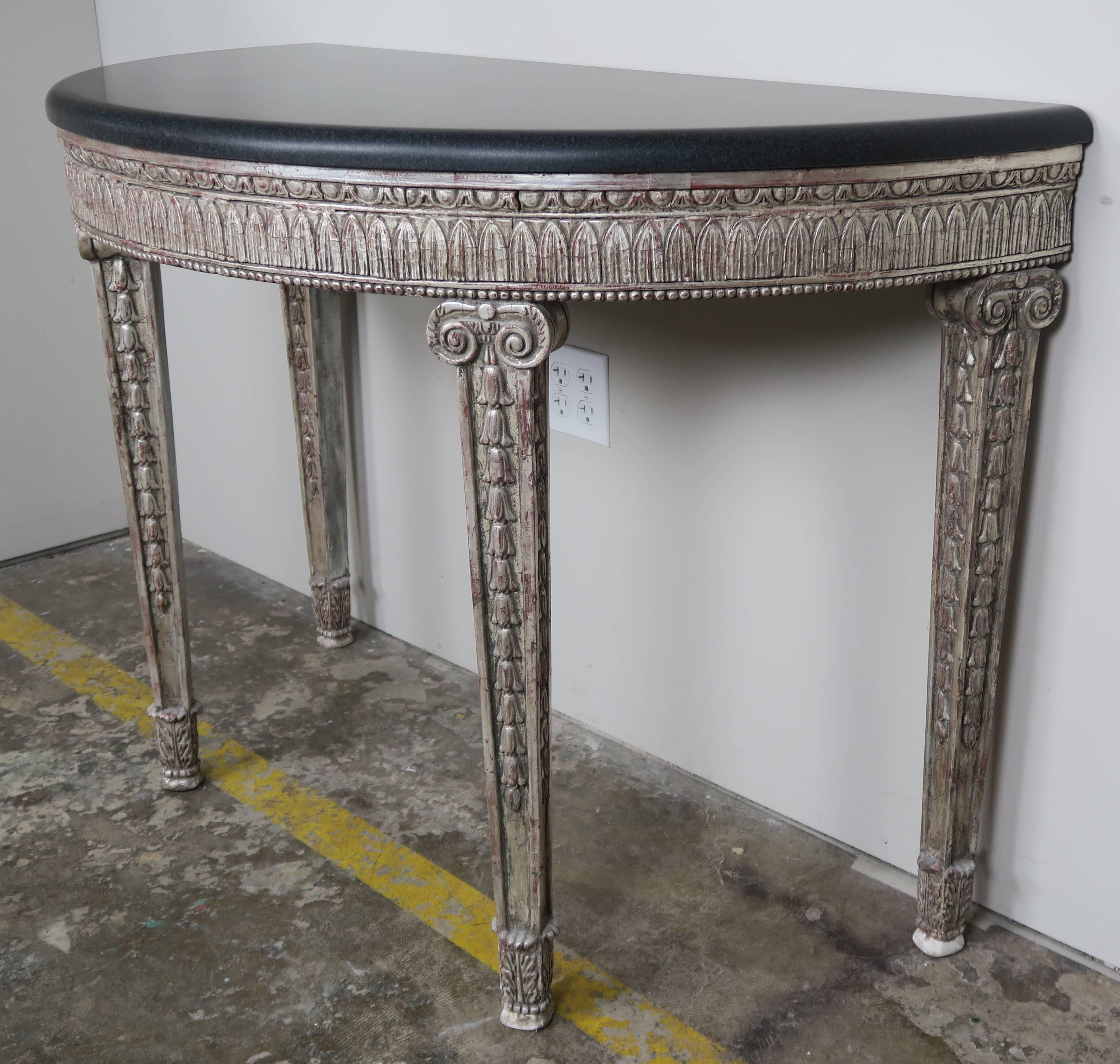 Silvered Italian Silver Gilt Console with Black Marble Top