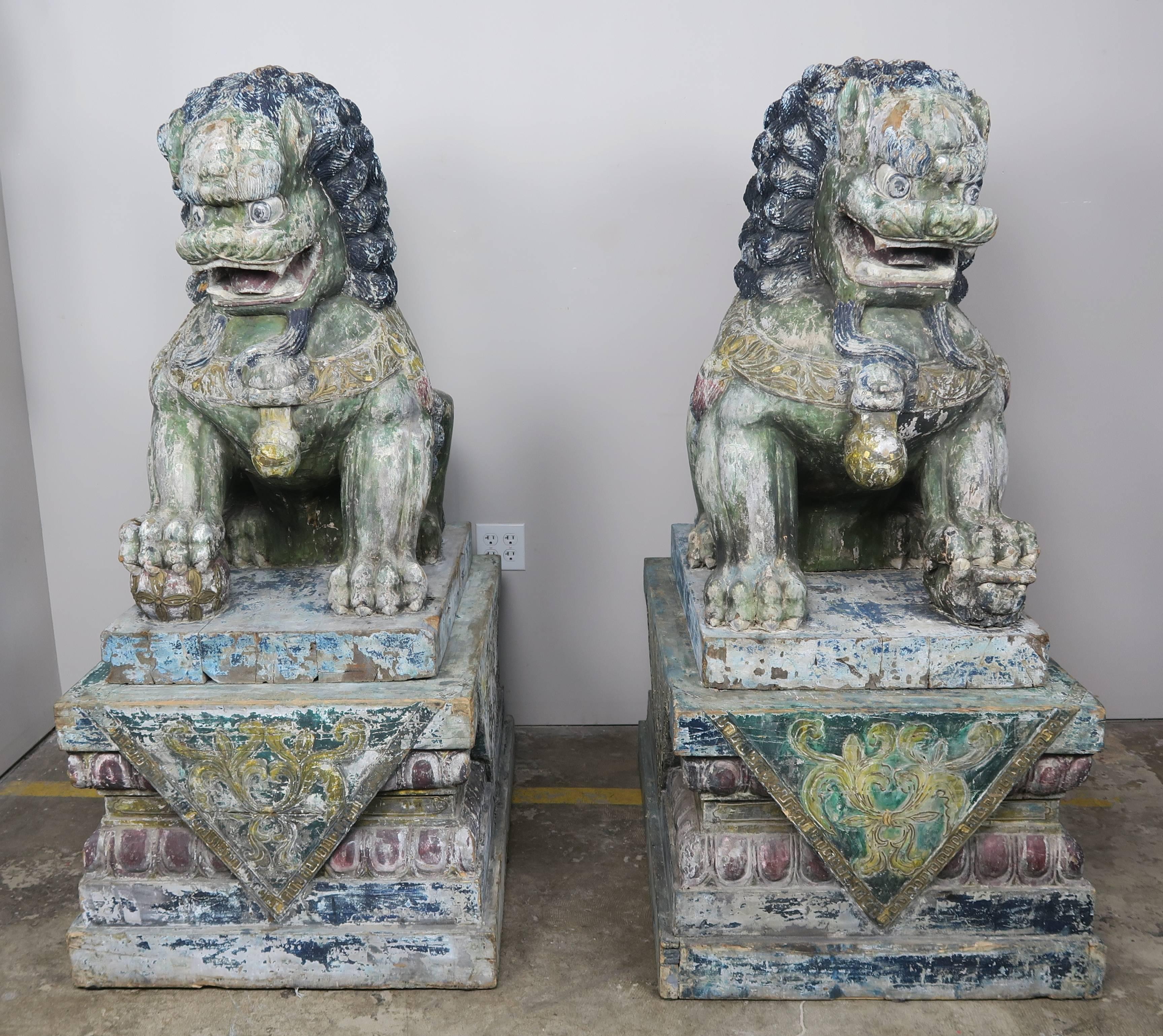 Pair of Monumental Carved Wood Painted Foo Dogs at 1stDibs foo dogs