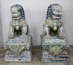 Pair of Monumental Carved Wood Painted Foo Dogs
