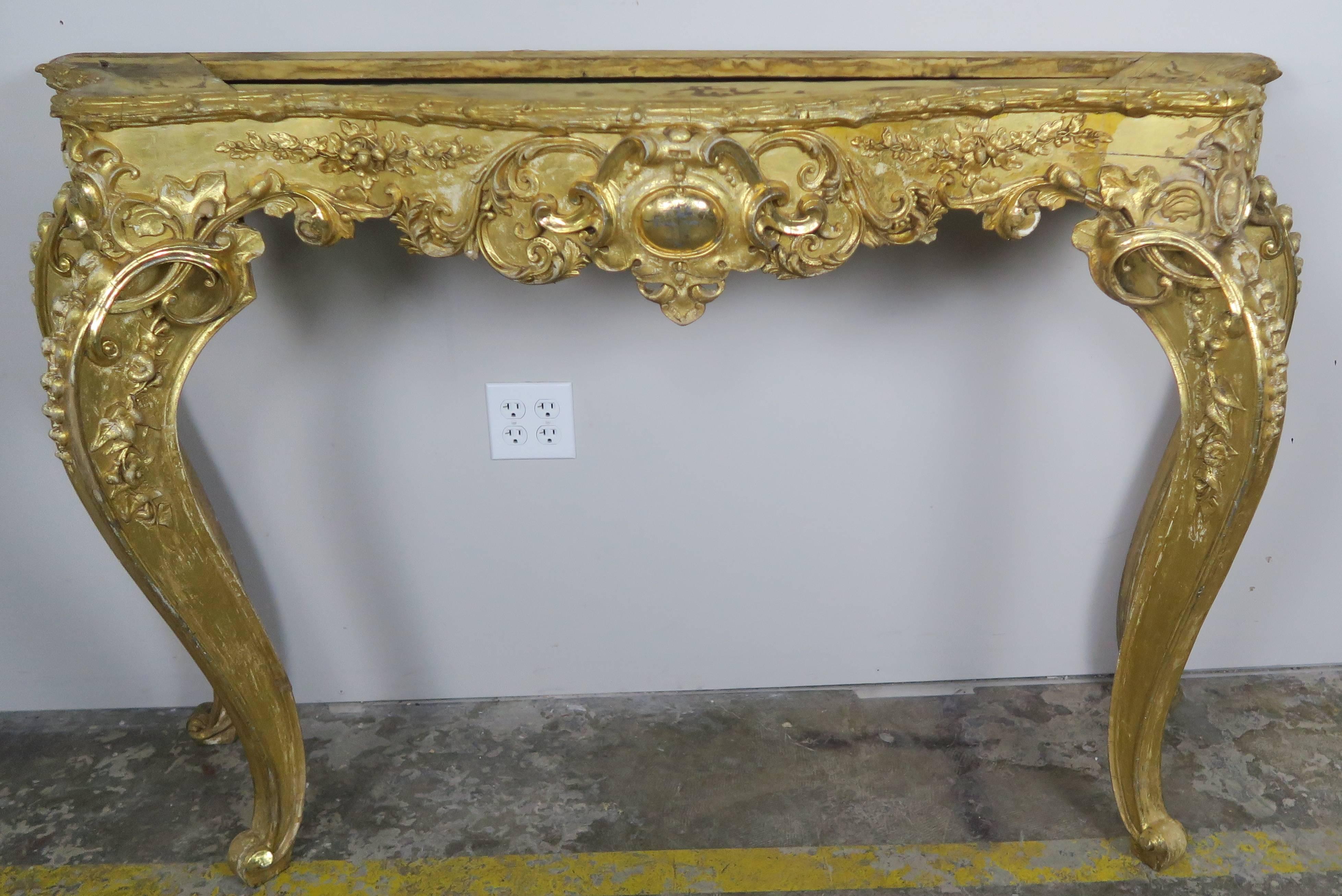 19th Century French Giltwood Console with Marble Top In Distressed Condition In Los Angeles, CA