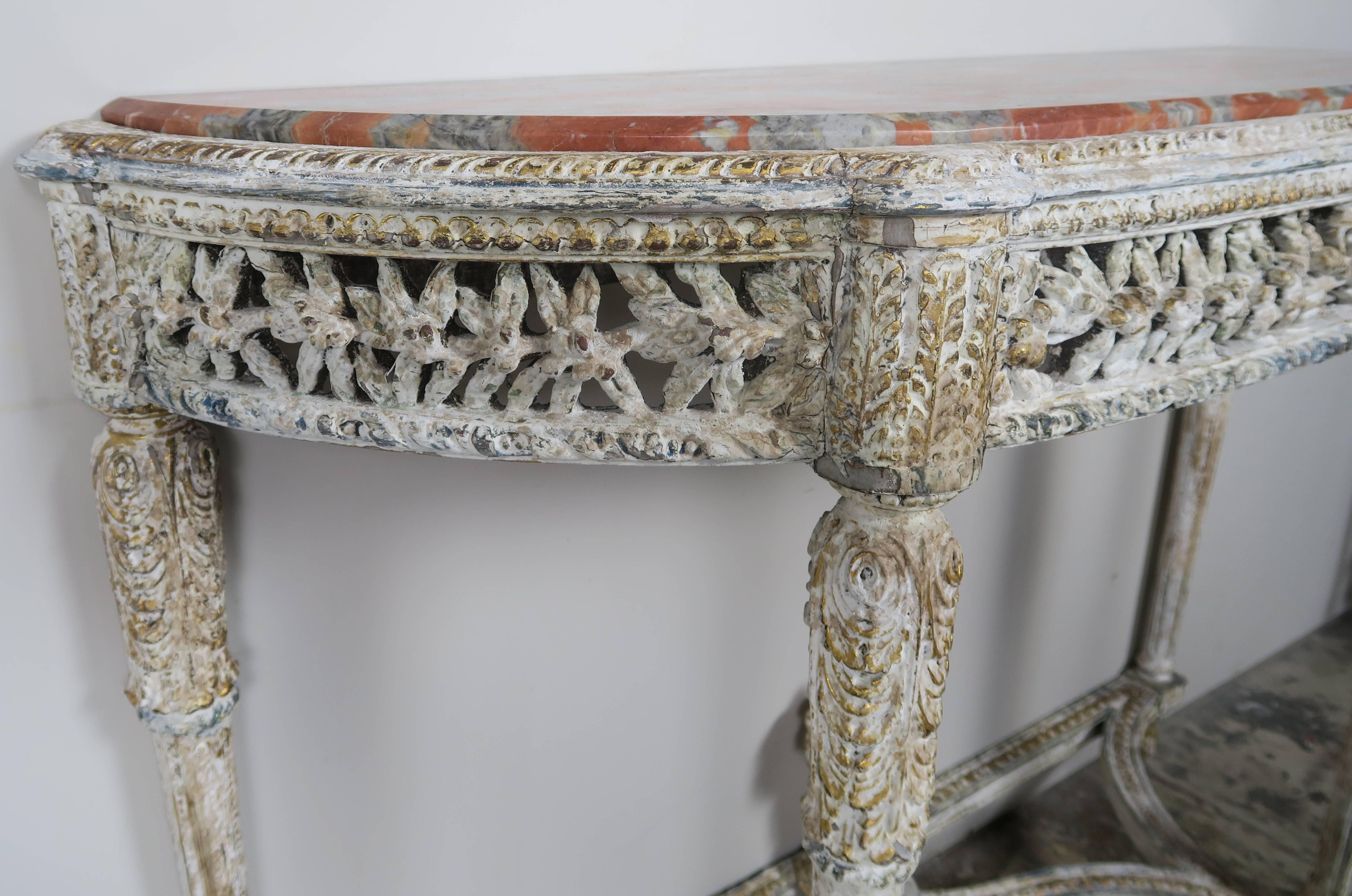 Louis XVI Style Painted Console with Marble Top In Distressed Condition In Los Angeles, CA