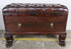 Pair of English Leather Tufted Benches/Chests on Paw Feet
