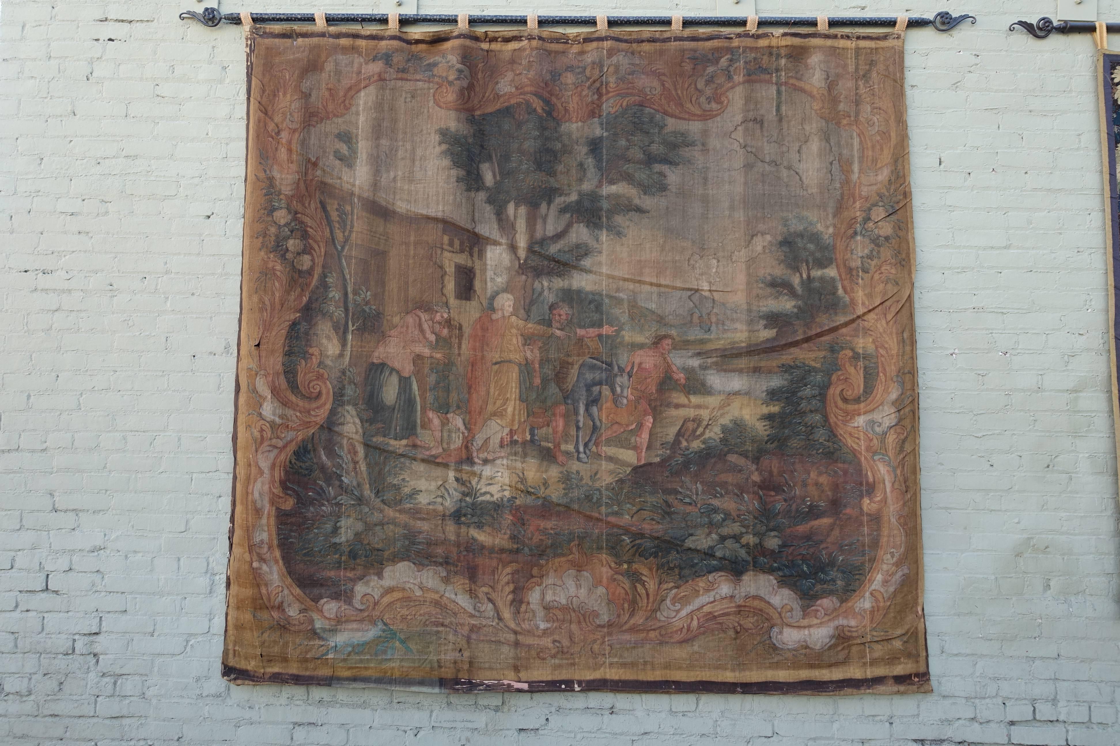 Canvas 19th Century Italian Hand-Painted Hanging with Hardware