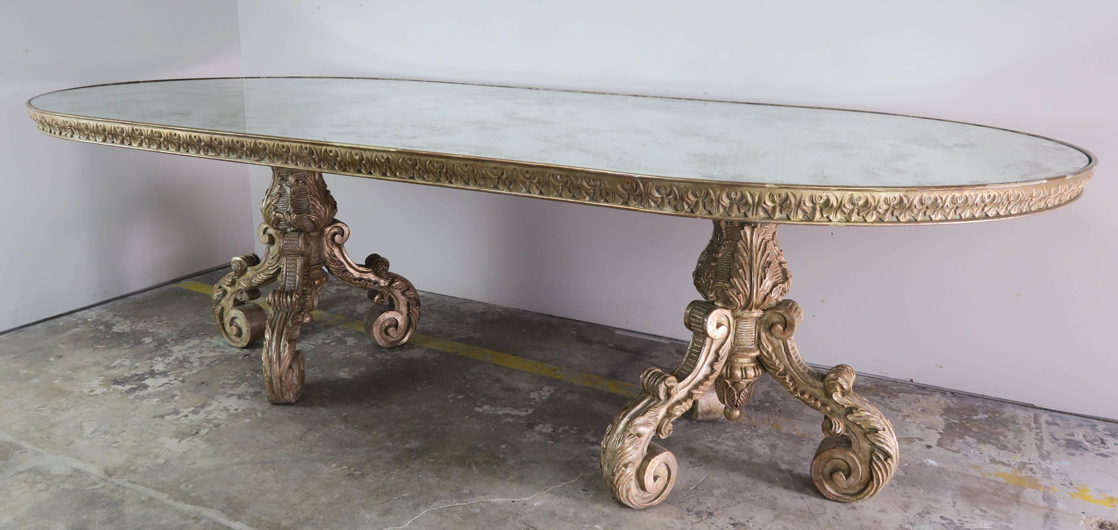 Neoclassical Italian Silvered Wood Dining Table with Mirrored Top