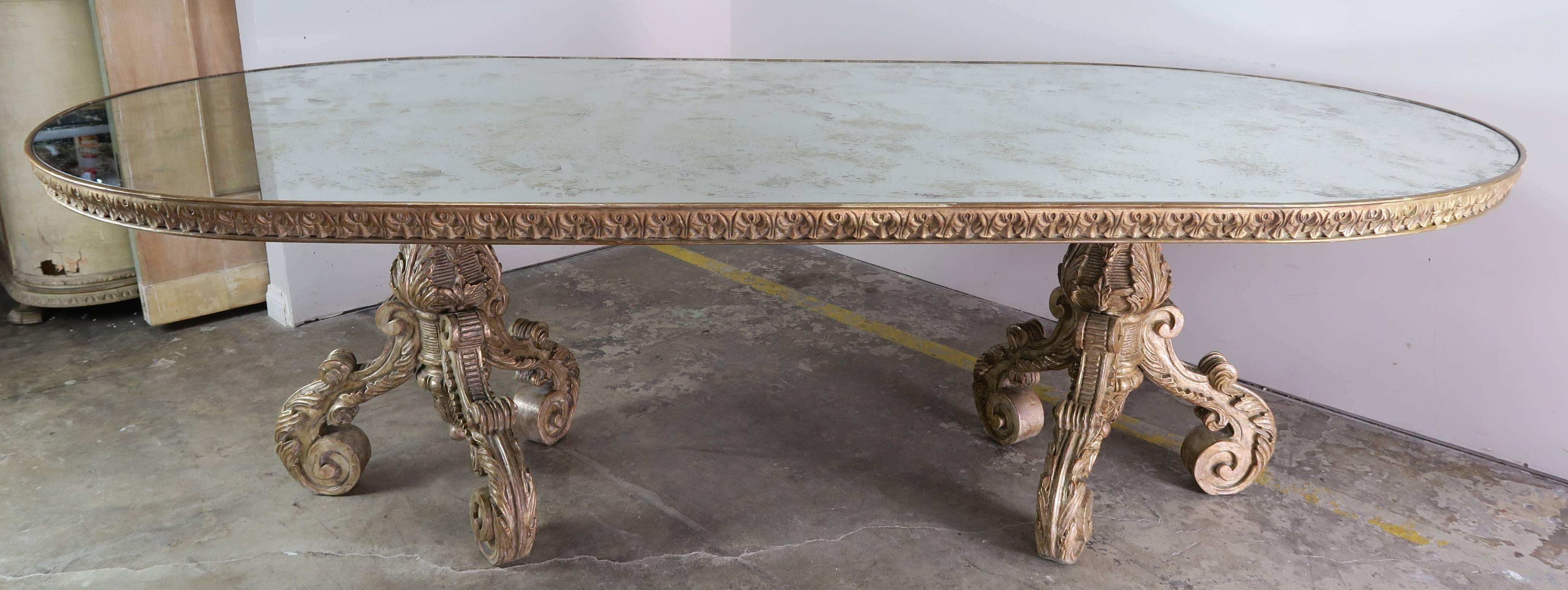 Gilt Italian Silvered Wood Dining Table with Mirrored Top