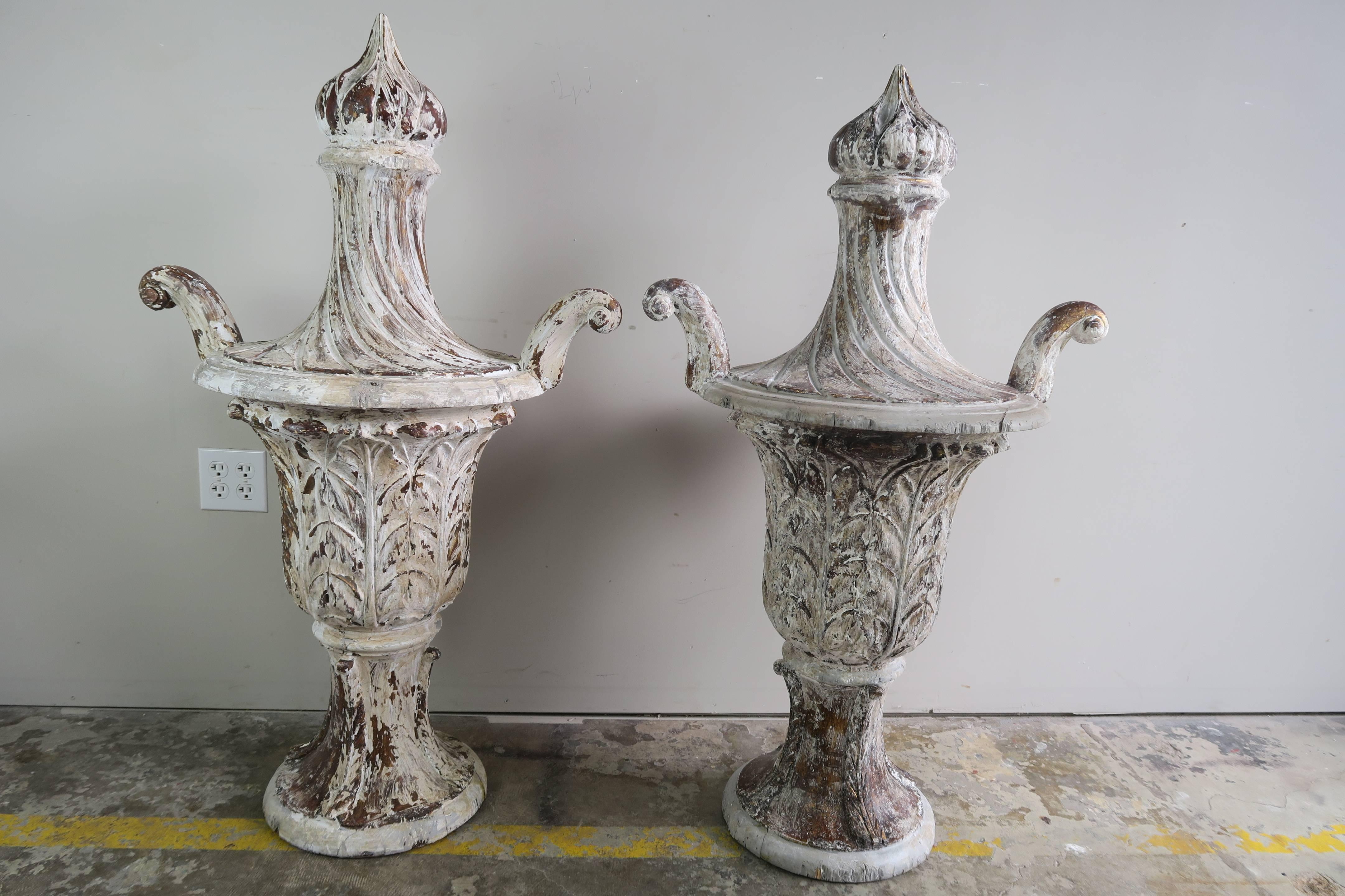 Pair of Carved Wood Italian Painted Urns with Flames 5