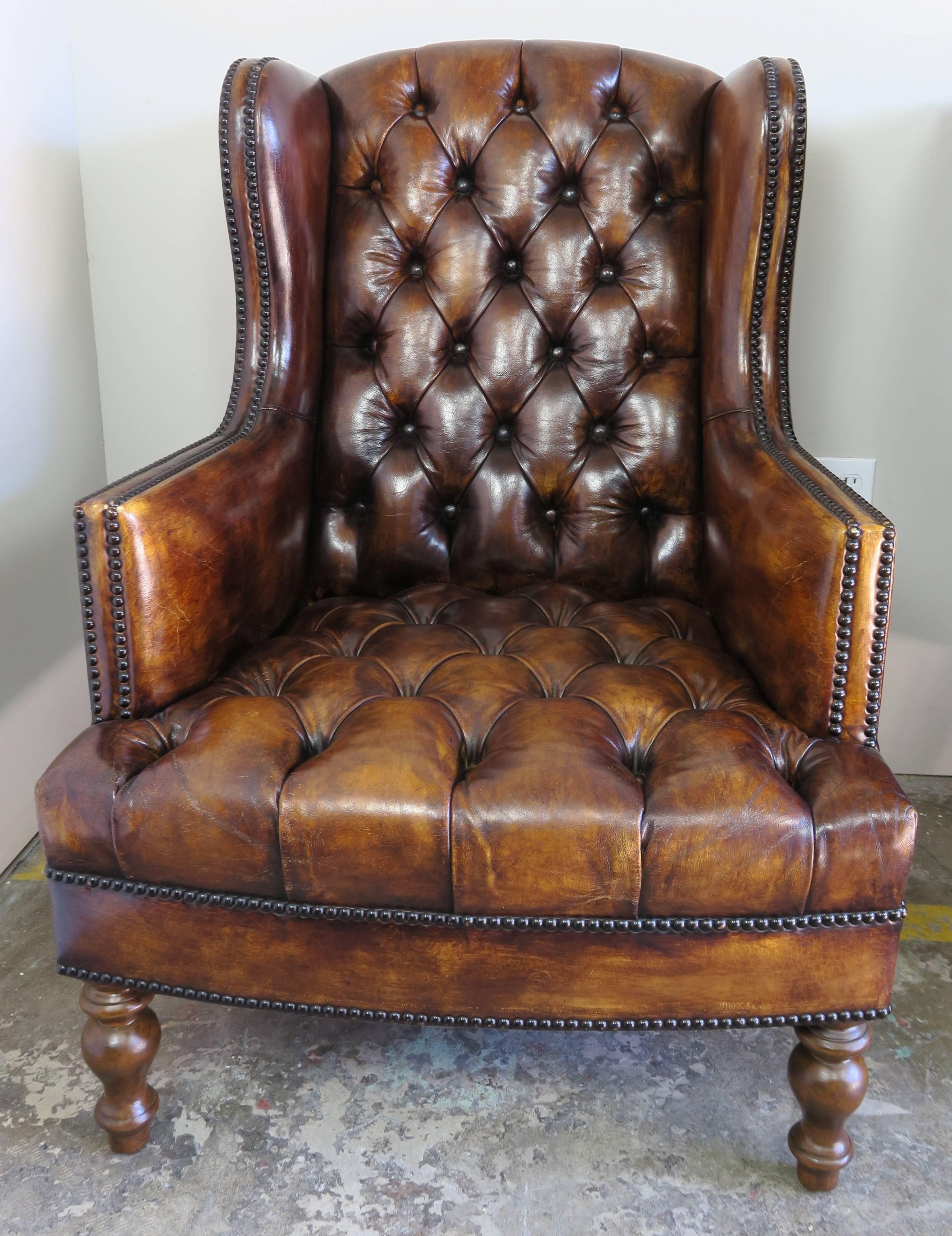 Pair of English Leather Tufted Armchairs In Excellent Condition In Los Angeles, CA
