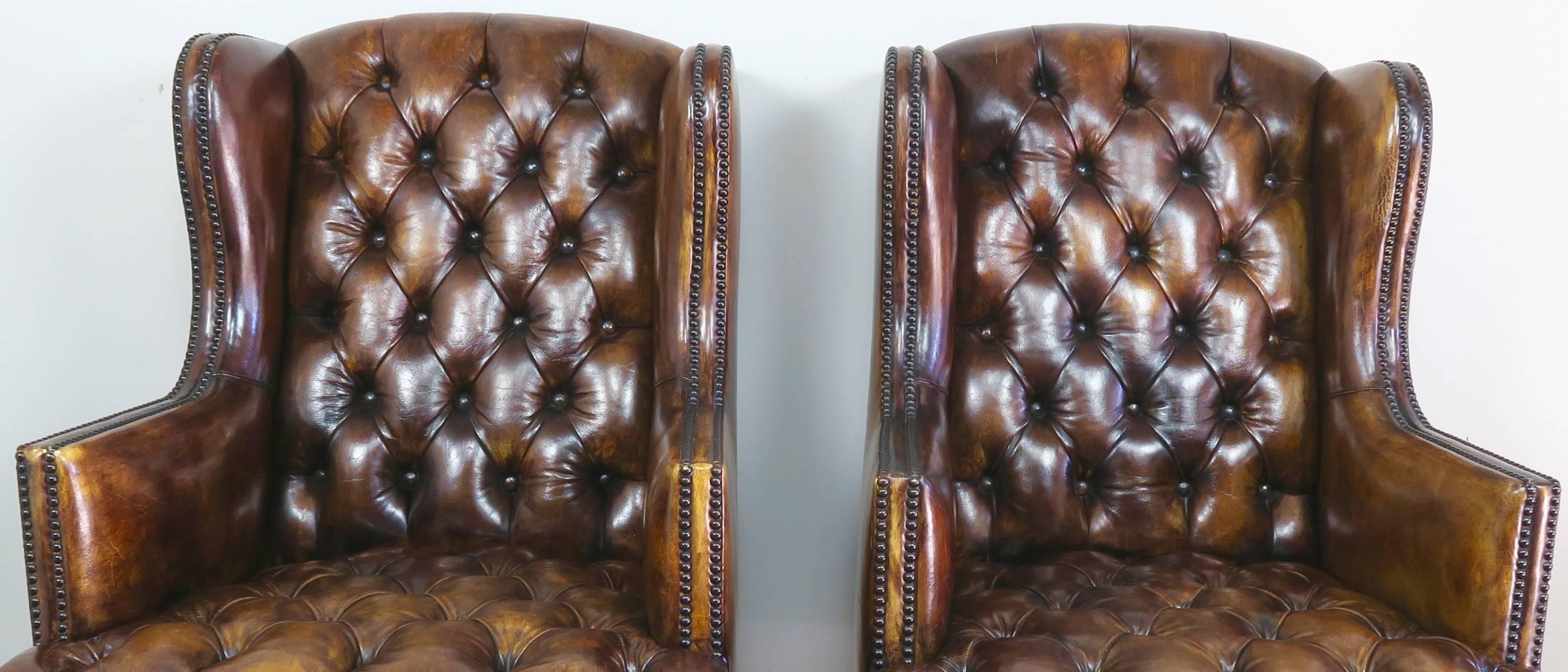 Pair of English Leather Tufted Armchairs 1