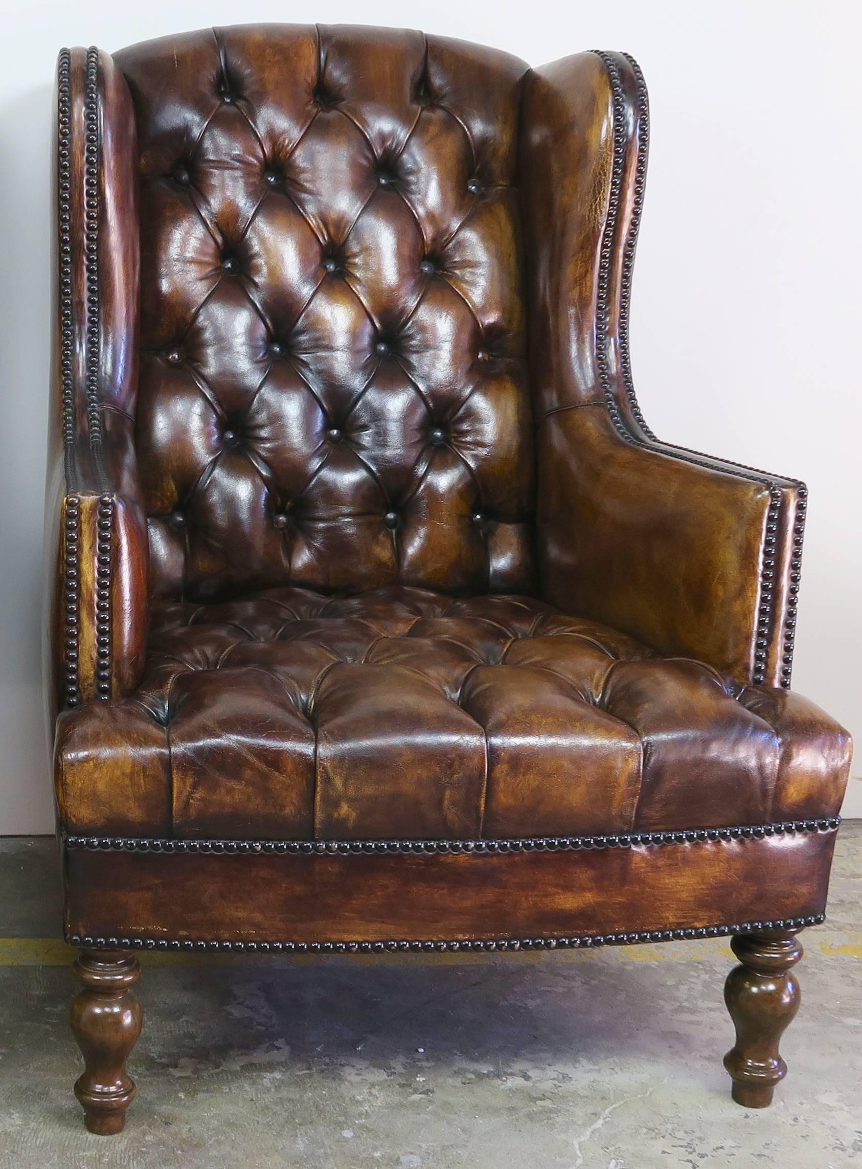 Pair of English Leather Tufted Armchairs 2