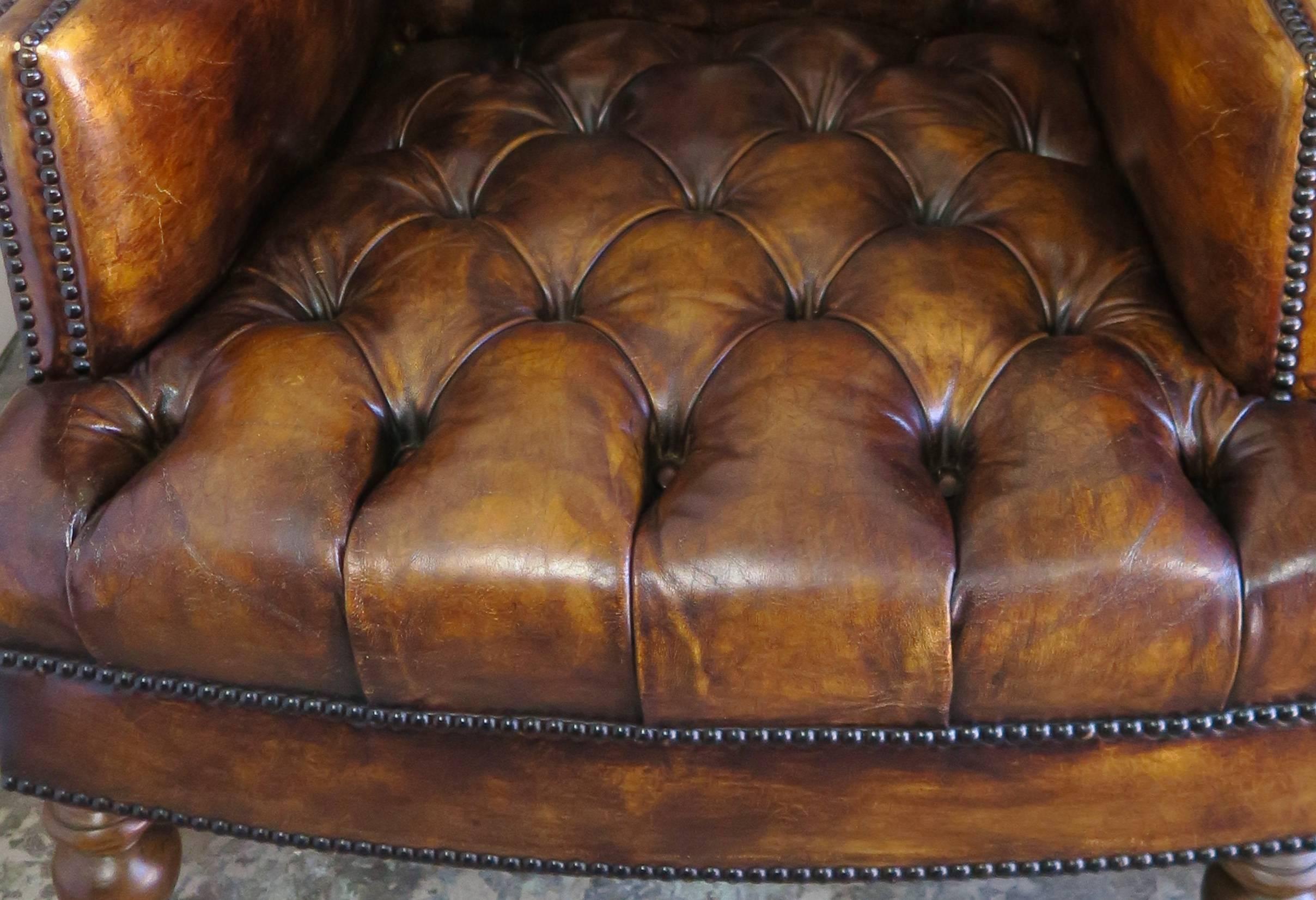 Pair of English Leather Tufted Armchairs 3