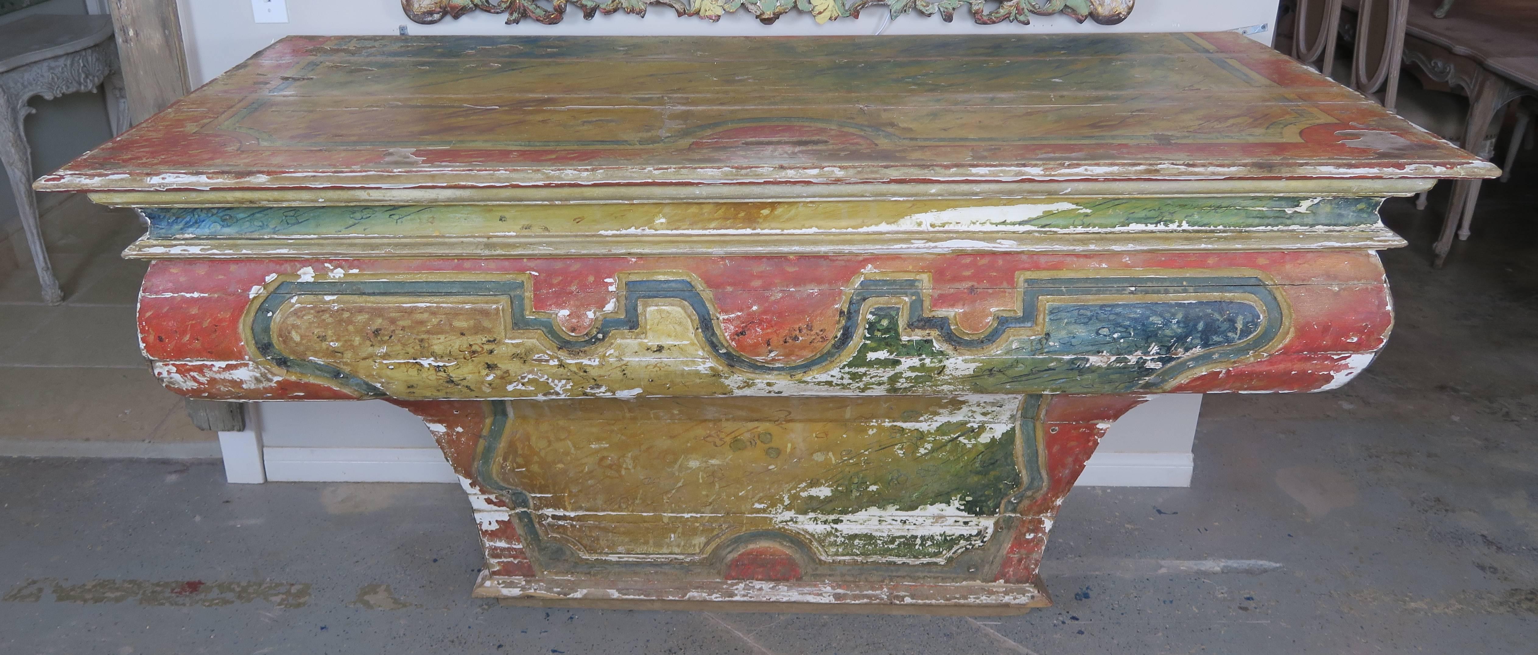 19th Century Spanish Painted Altar Table In Distressed Condition In Los Angeles, CA