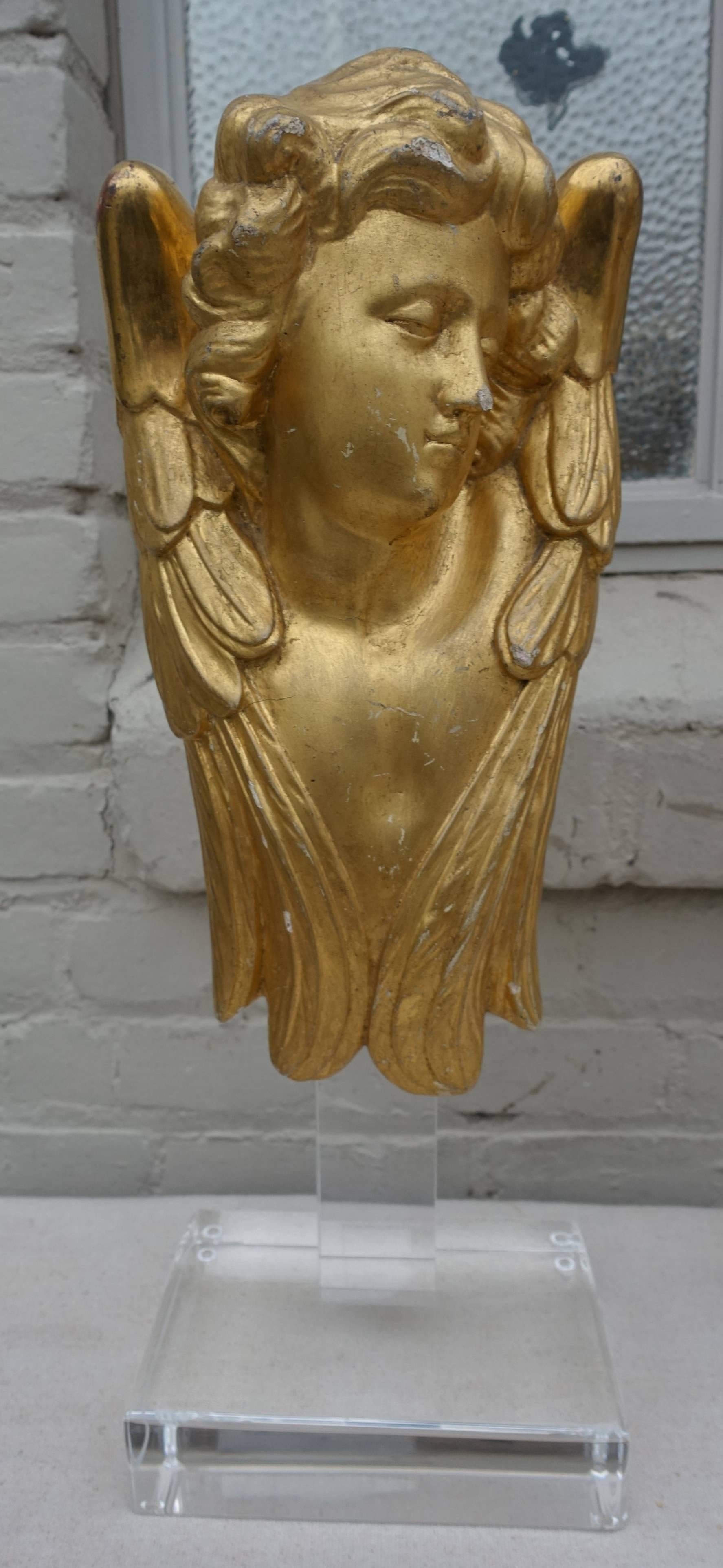 Rococo Pair of 19th Century Gold Leaf Cherubs on Lucite Bases