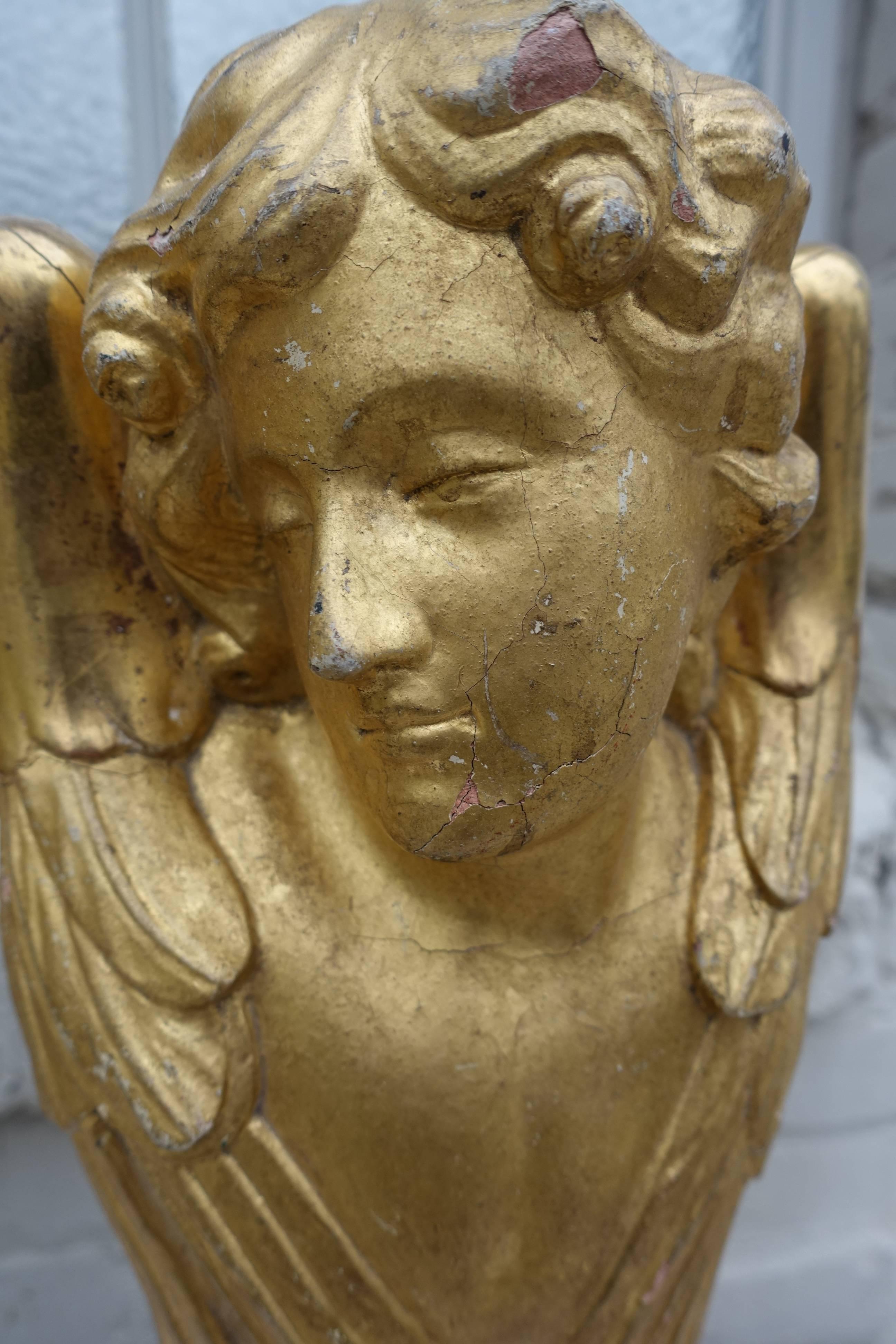 Pair of 19th Century Gold Leaf Cherubs on Lucite Bases In Distressed Condition In Los Angeles, CA