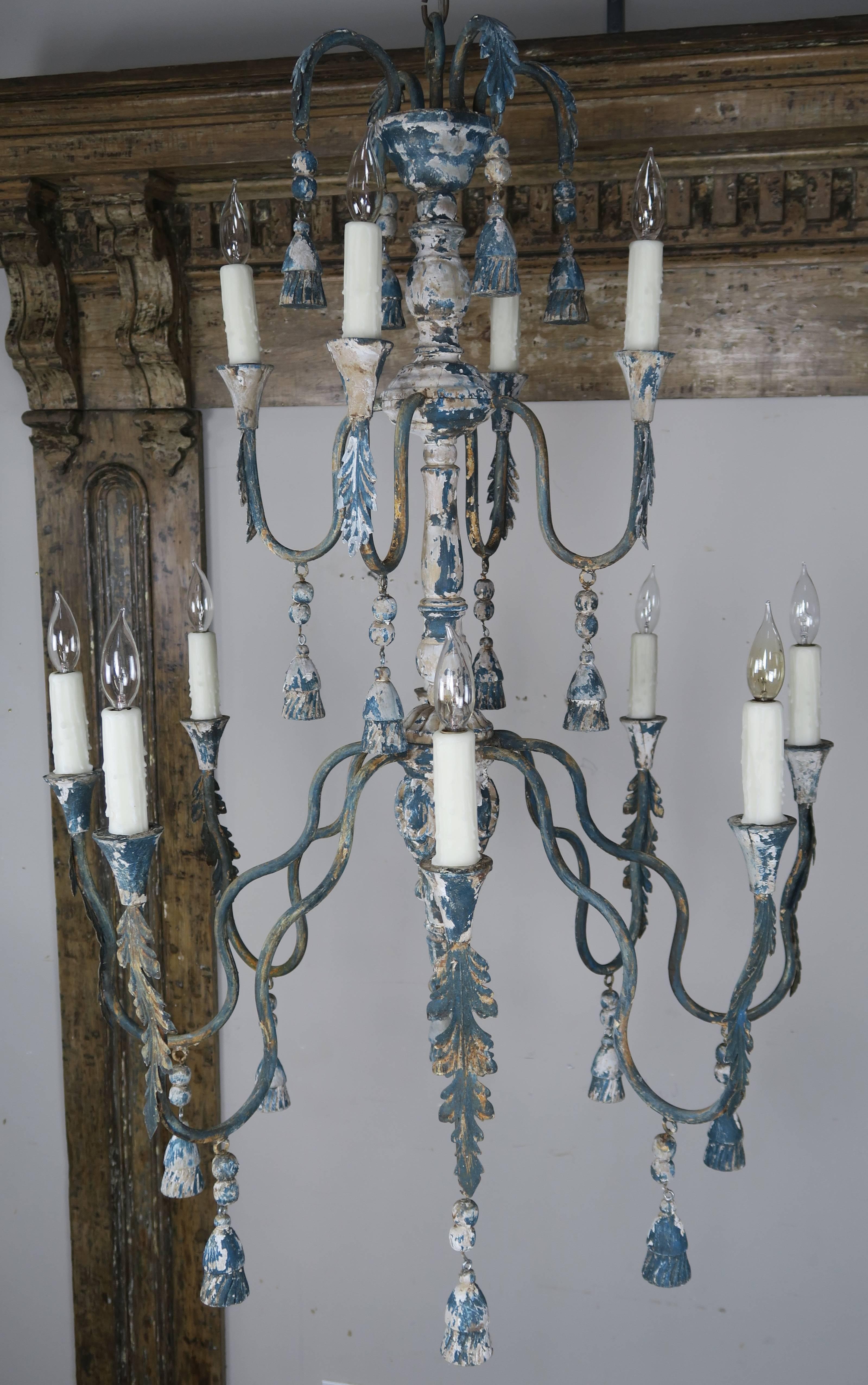 Rococo Twelve-Light Two-Tier Wood Tassel Chandeliers, Pair