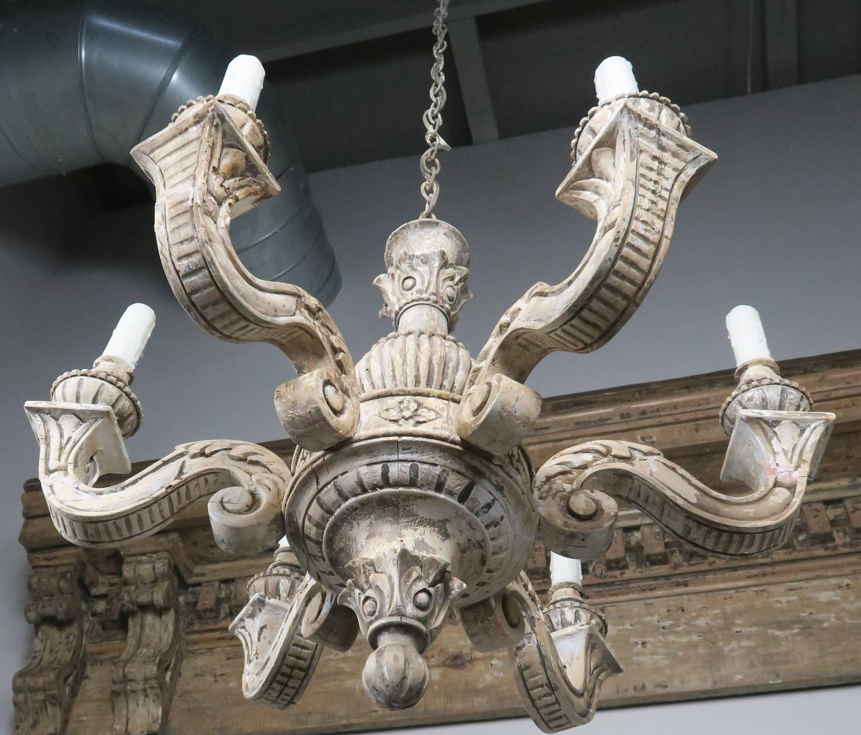 Wood Six-Light Italian Carved Painted Chandelier