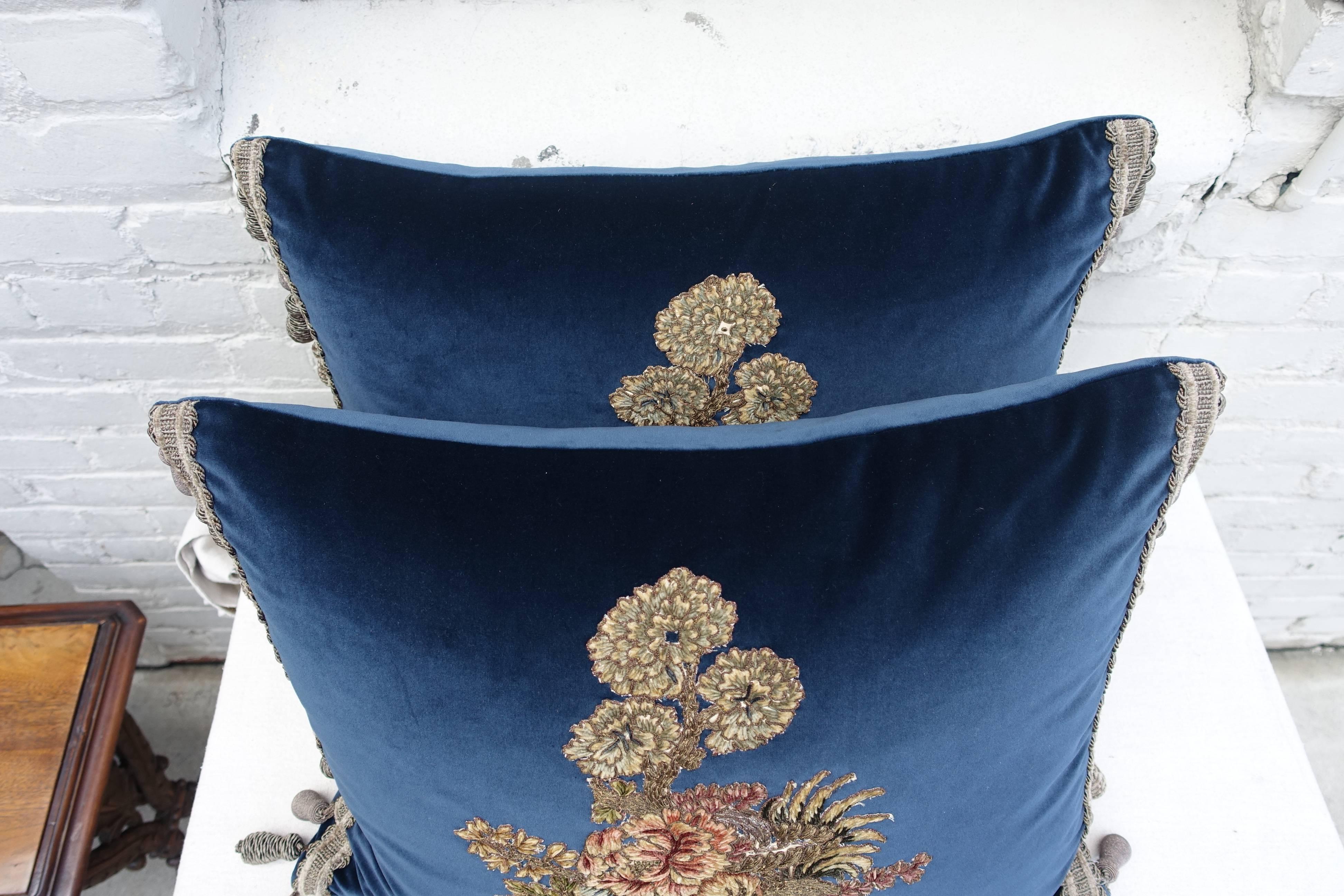 Velvet Pillows with 19th Century French Appliques In Excellent Condition In Los Angeles, CA