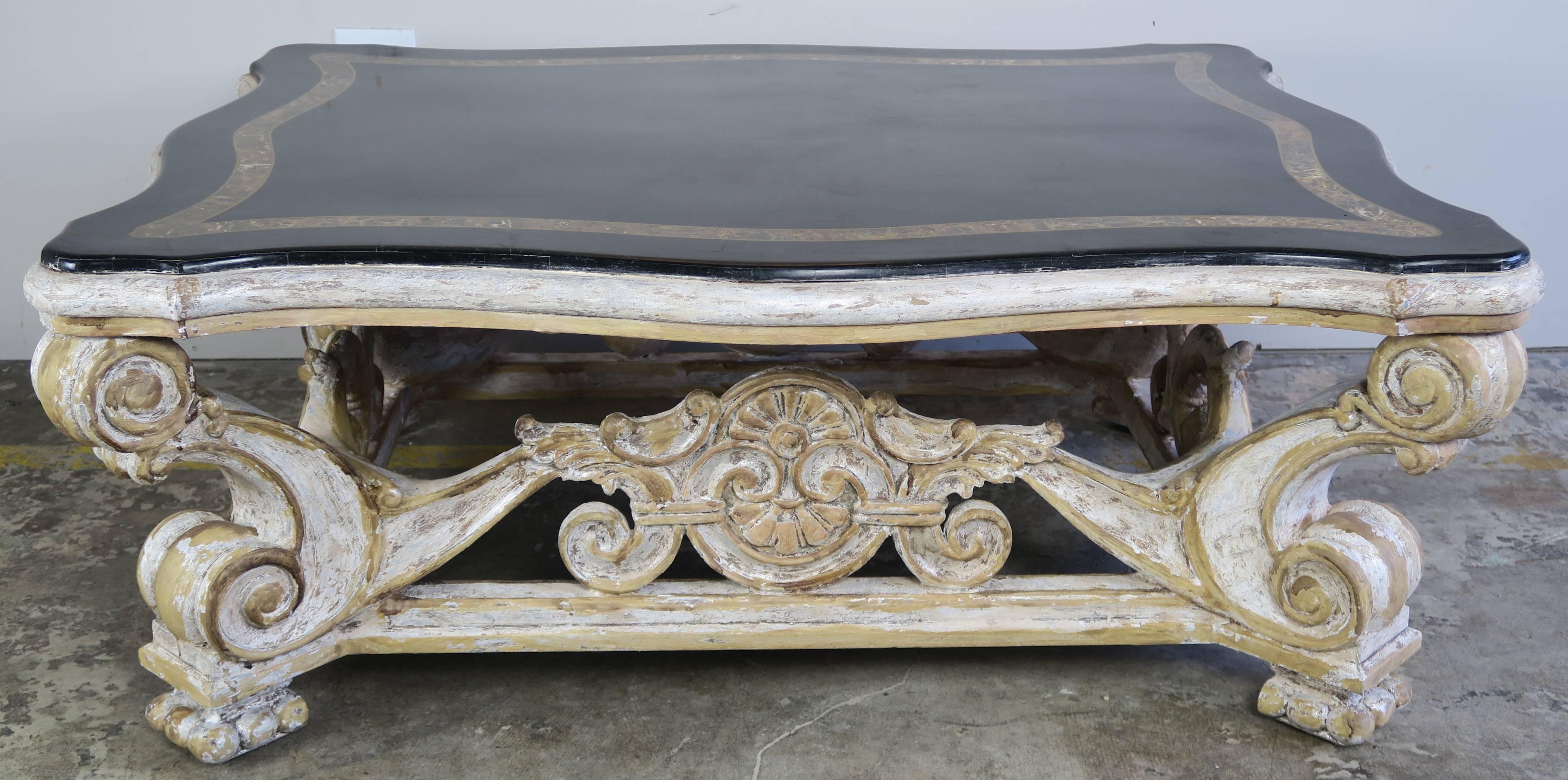 Italian Painted Coffee Table with Travertine Top In Distressed Condition In Los Angeles, CA