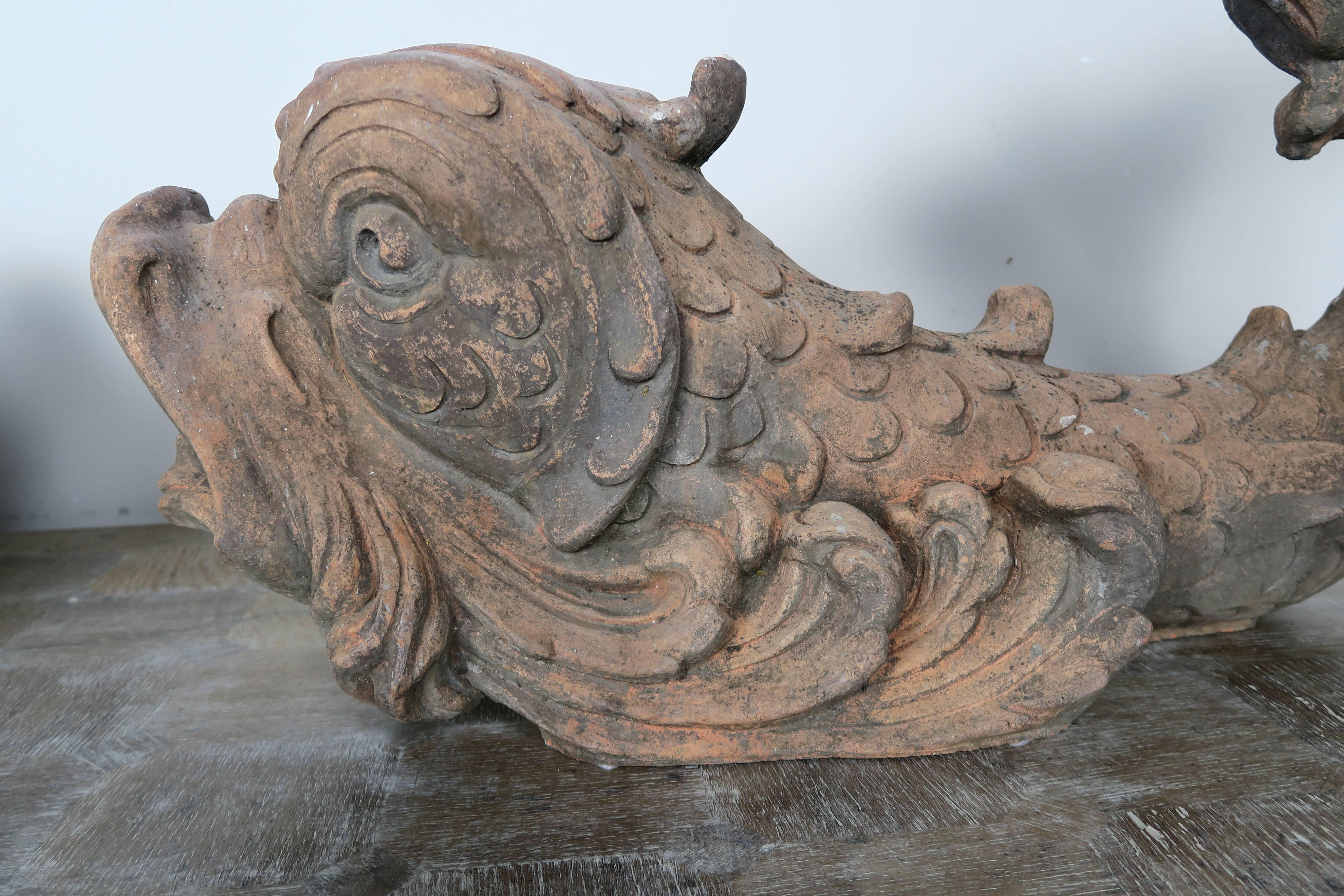 Pair of Monumental Terra Cotta Dolphin Fountains In Distressed Condition In Los Angeles, CA