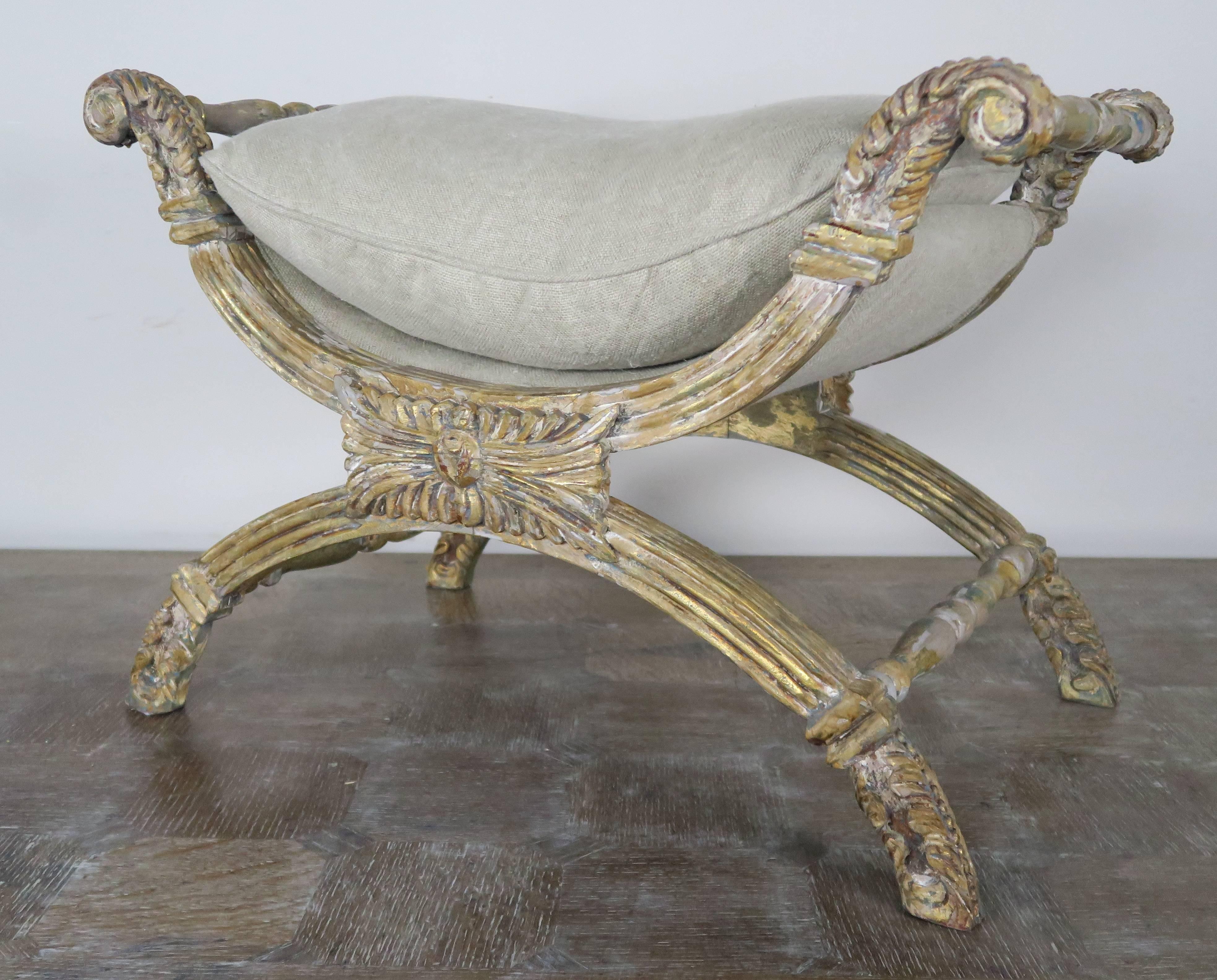 Pair of Italian Giltwood X-Benches with Cushions In Distressed Condition In Los Angeles, CA