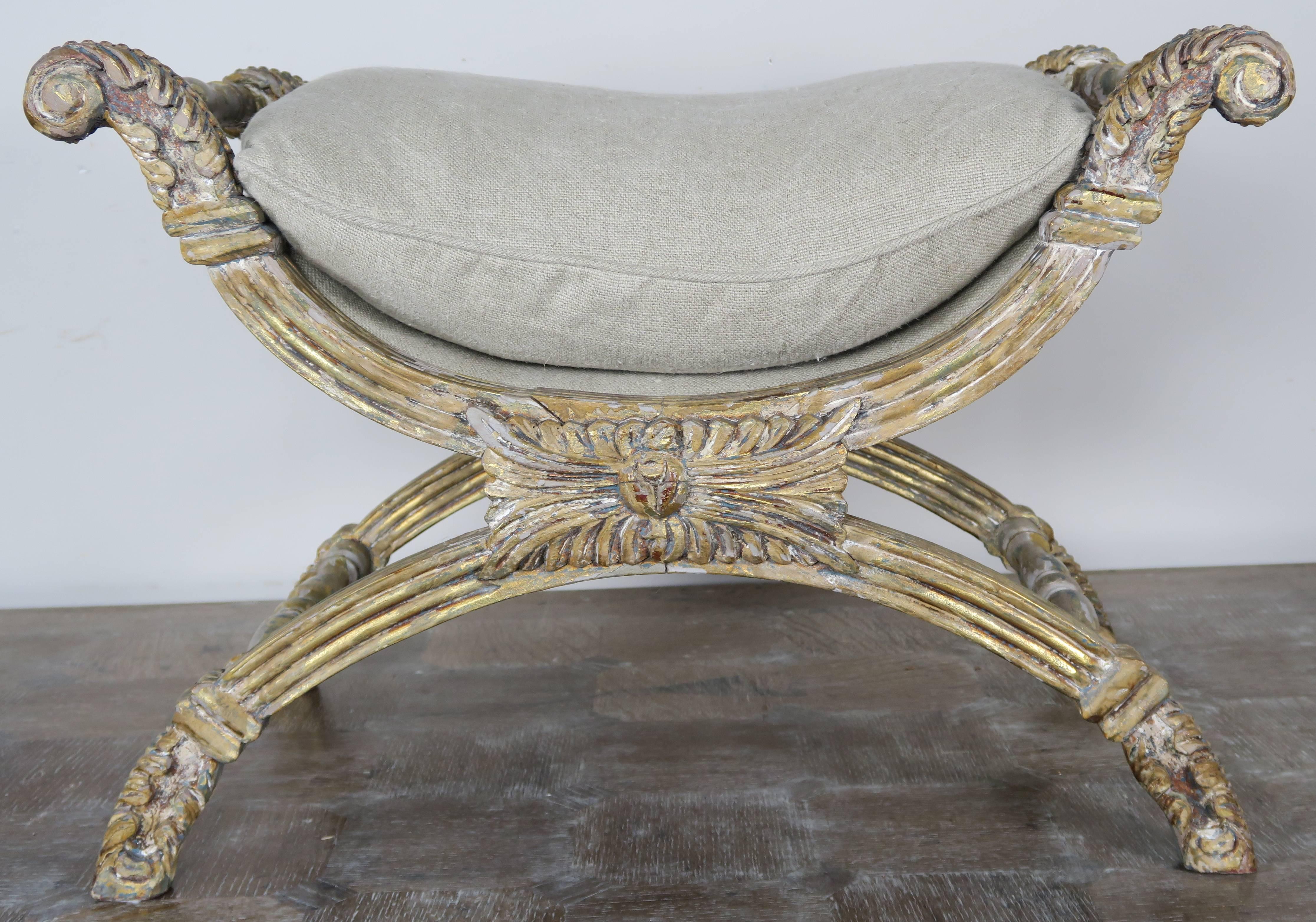 Neoclassical Pair of Italian Giltwood X-Benches with Cushions