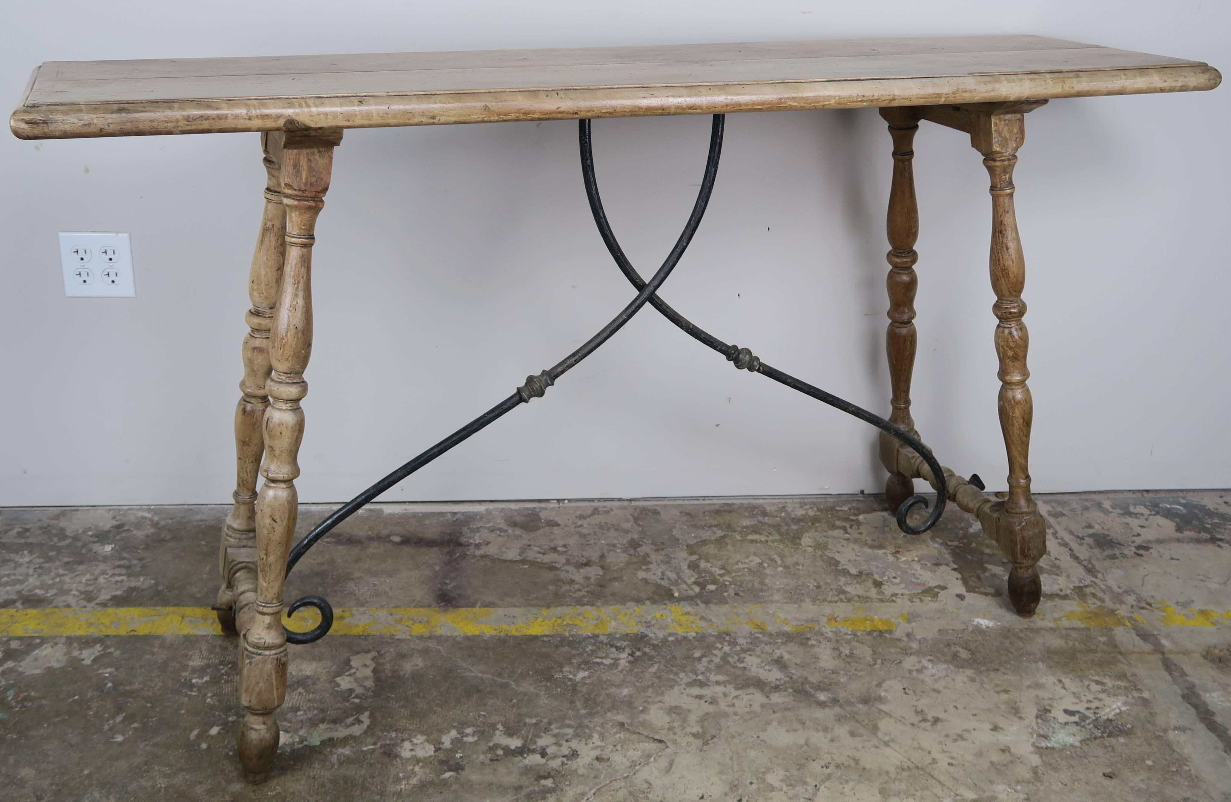 Mid-20th Century Narrow Spanish Table with Iron Stretcher