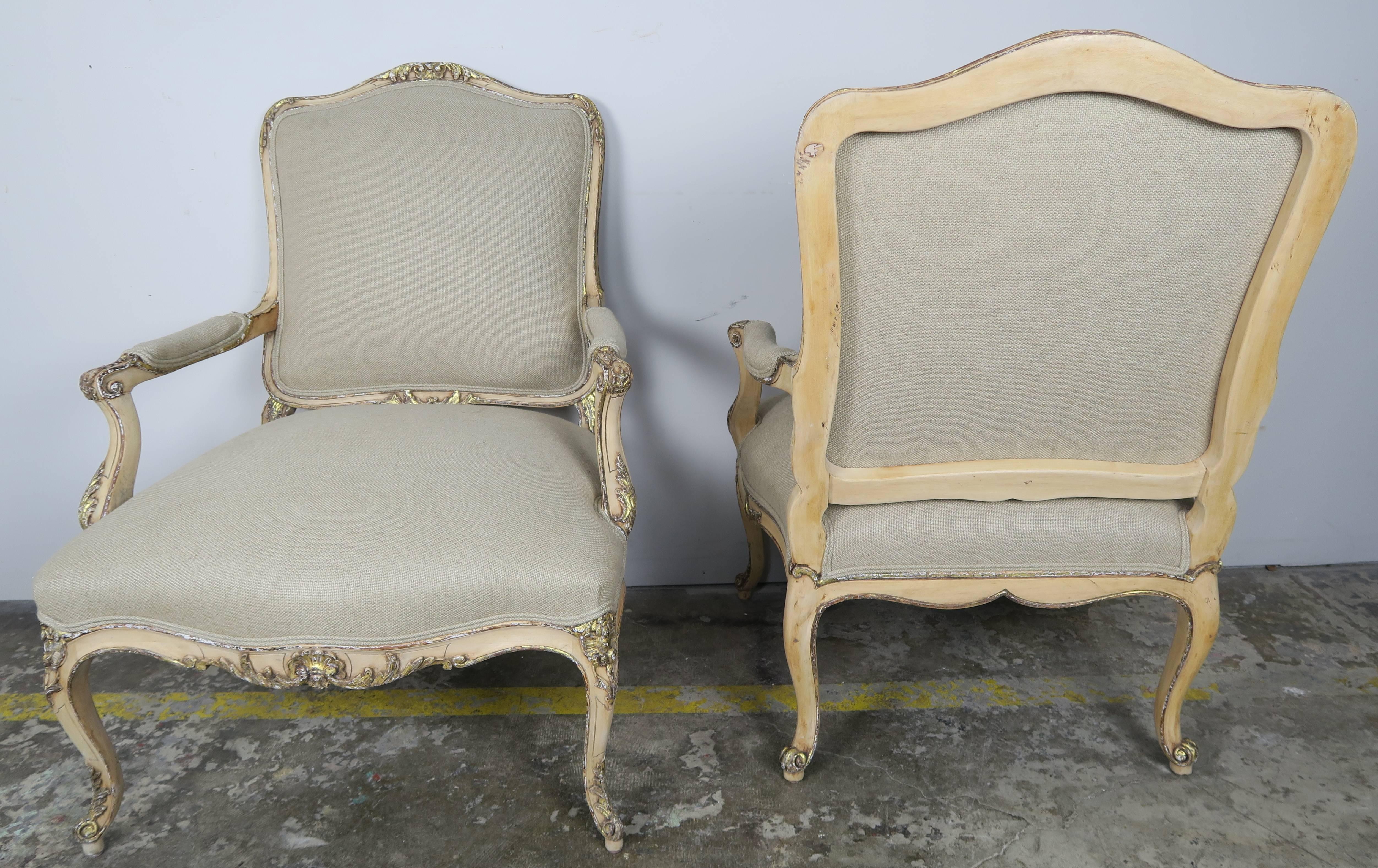 Silvered French Louis XV Style Parcel-Gilt Armchairs, Pair