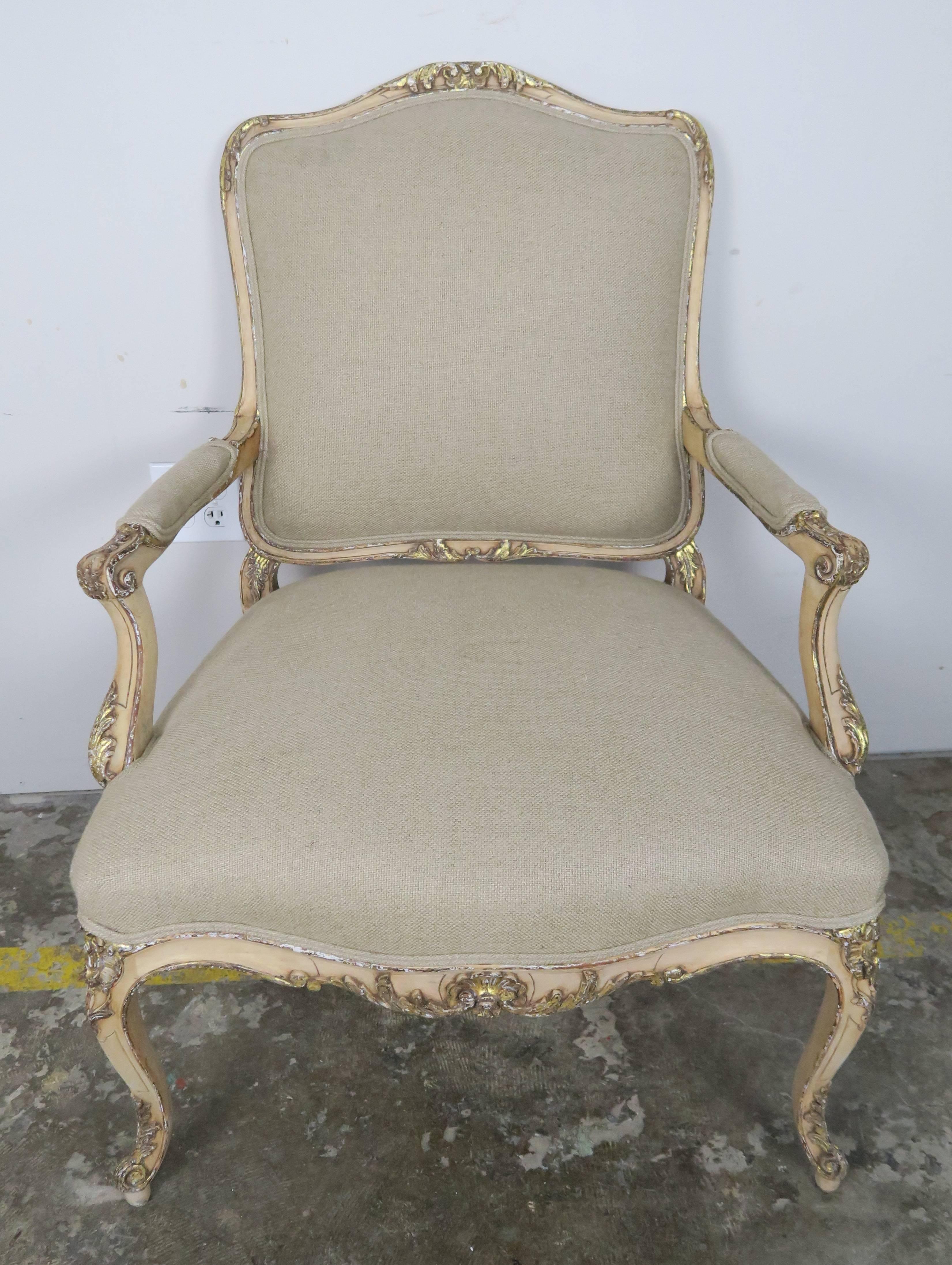 French Louis XV Style Parcel-Gilt Armchairs, Pair In Distressed Condition In Los Angeles, CA