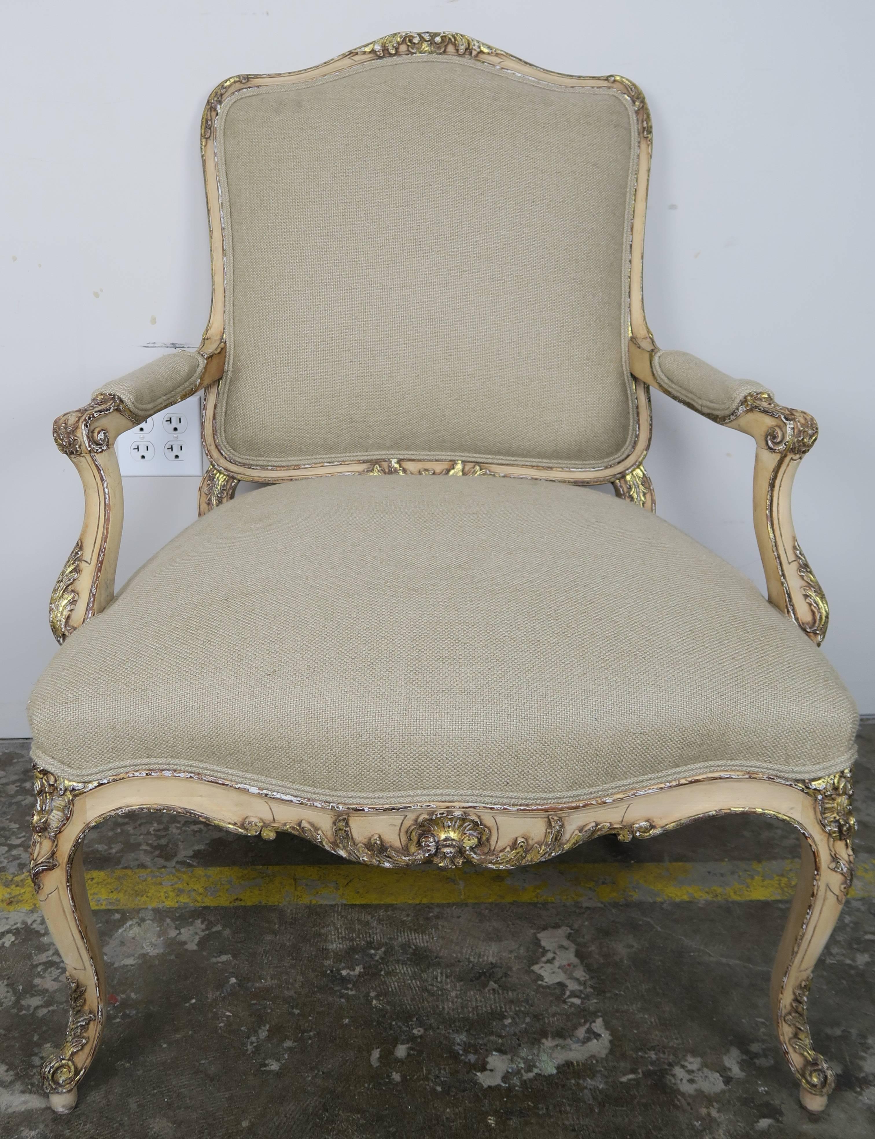 Early 20th Century French Louis XV Style Parcel-Gilt Armchairs, Pair