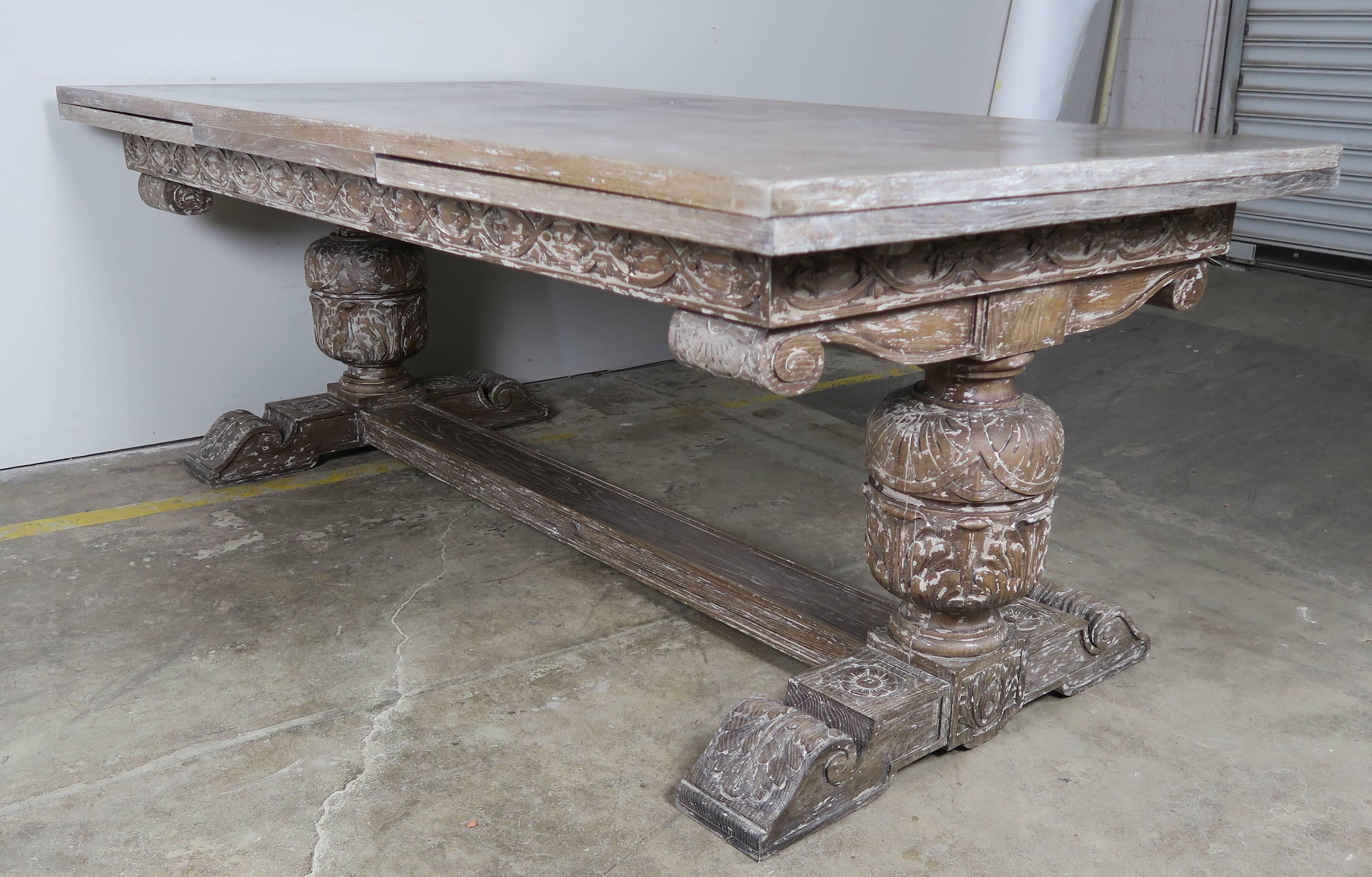 Renaissance English Oak Washed Refractory Table with Leaves
