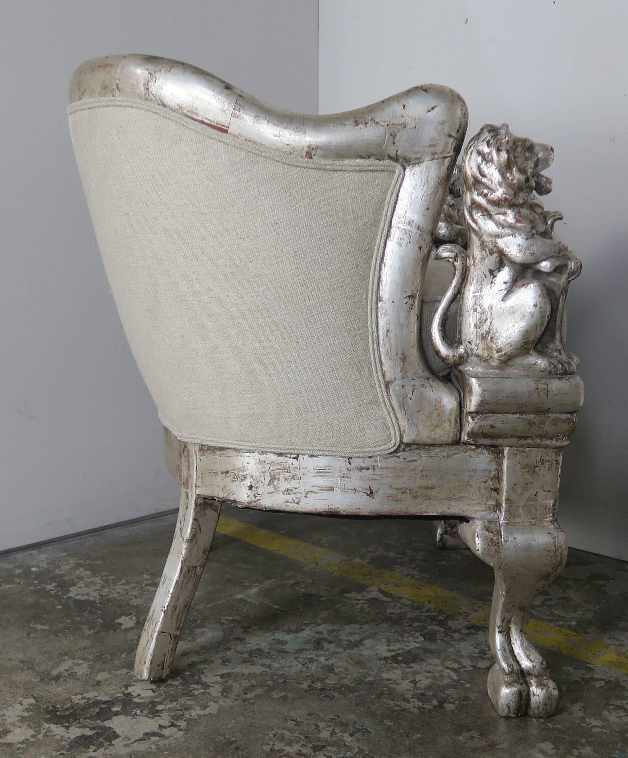 English Pair of Carved Lion Silvered Armchairs