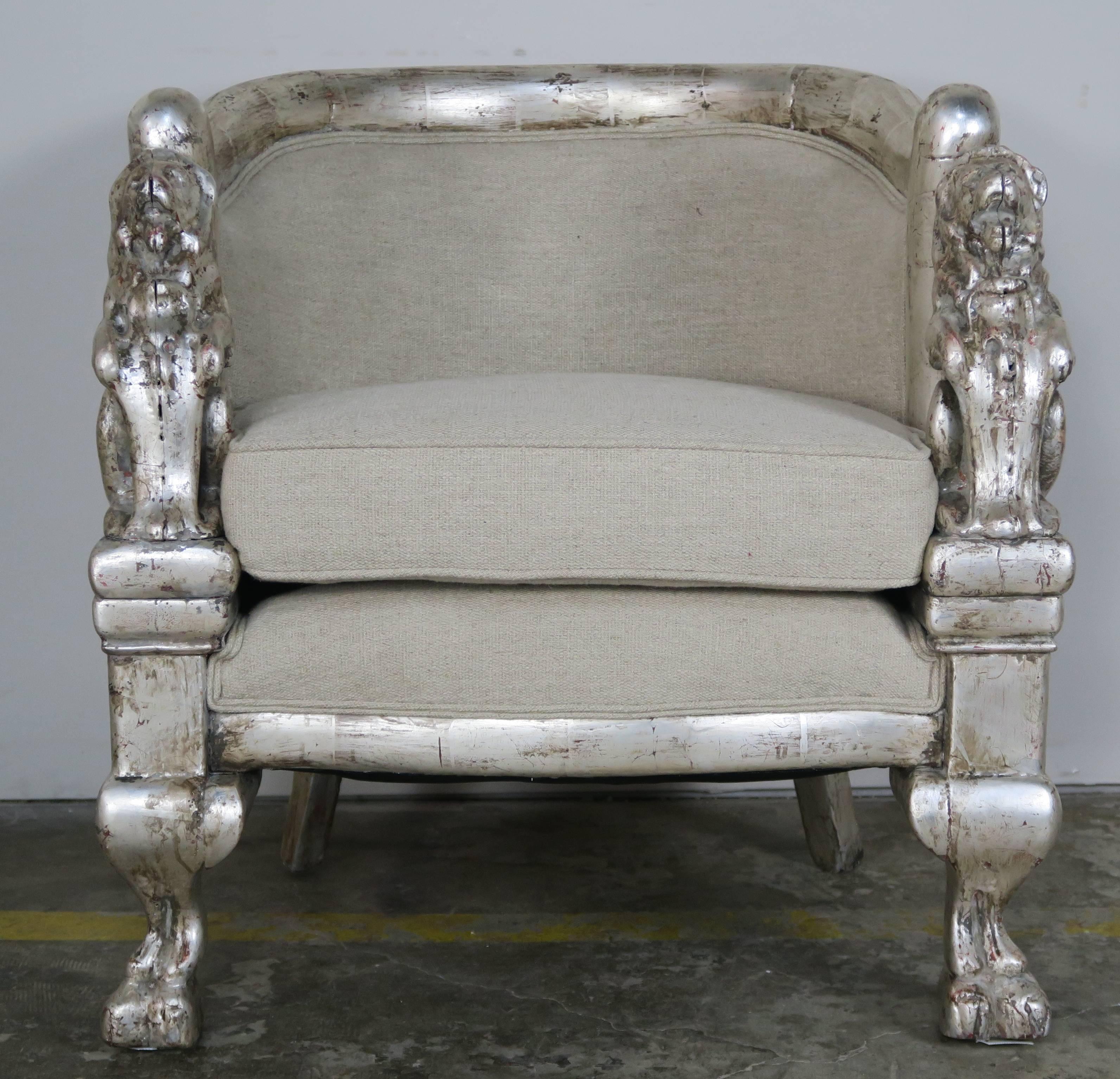 Pair of Carved Lion Silvered Armchairs In Excellent Condition In Los Angeles, CA