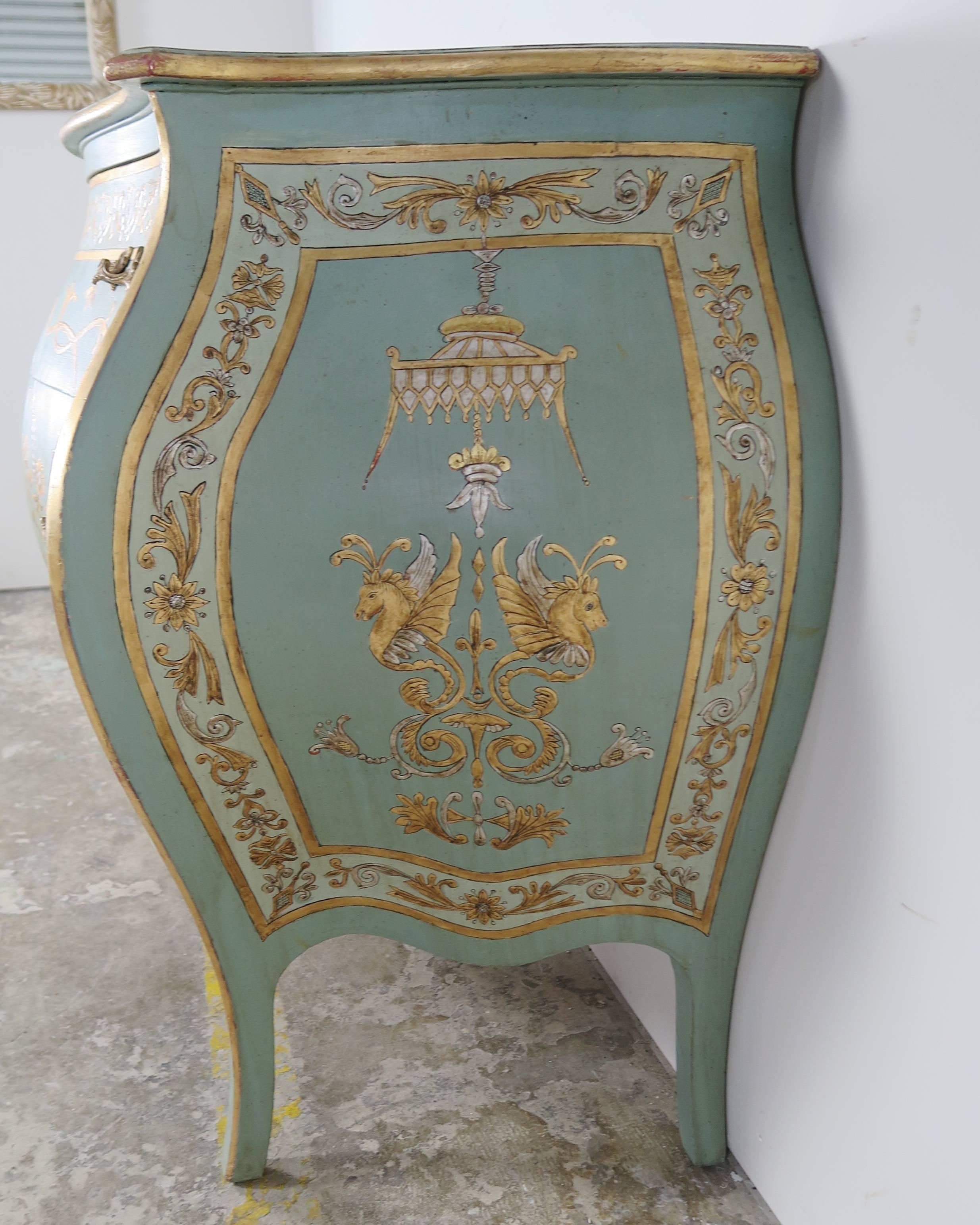 French Pair of Blue Chinoiserie Painted Bombay Commodes